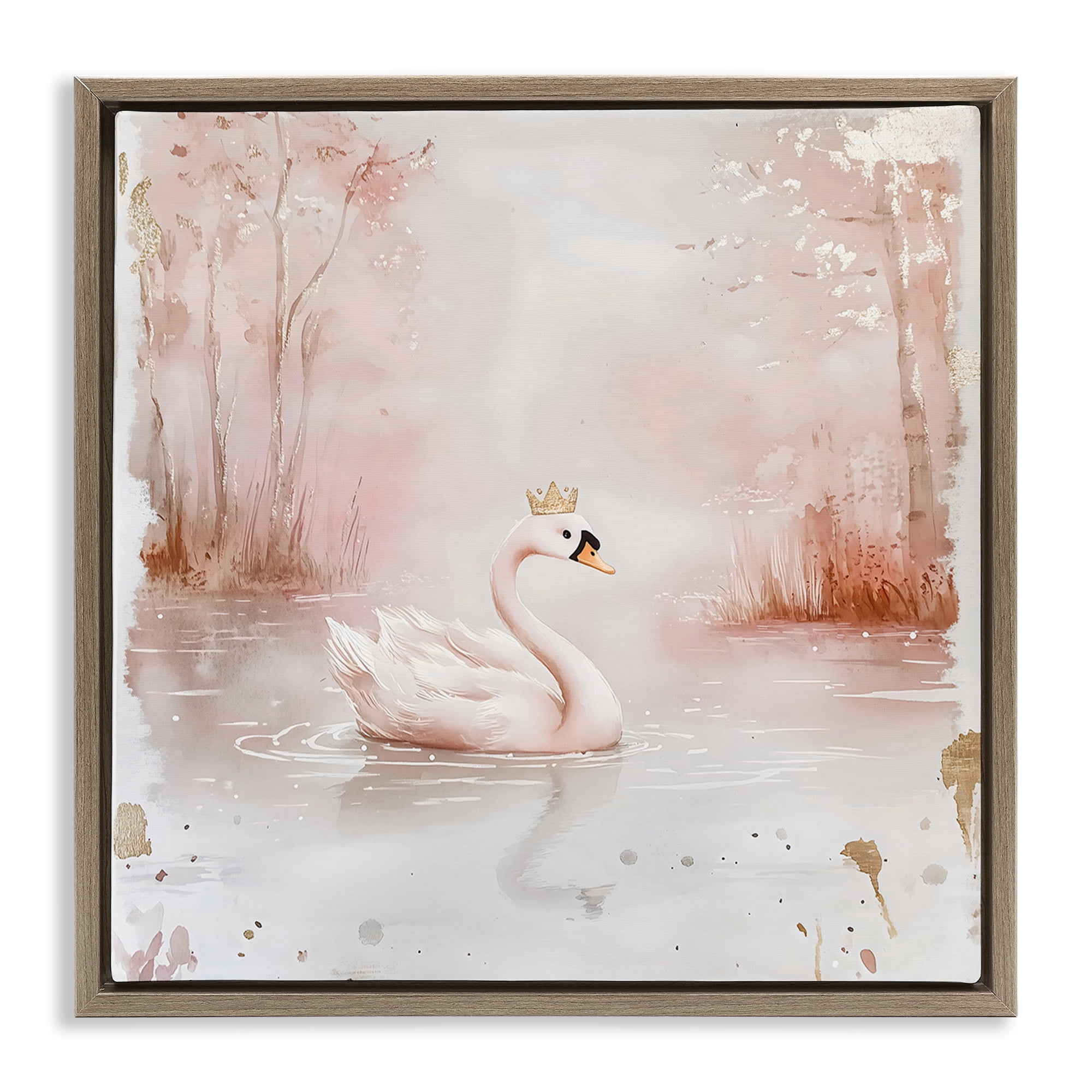 Stupell Industries Swan with Crown in Pastels Brown Framed Floater Canvas Wall Art, design by Creative Studio