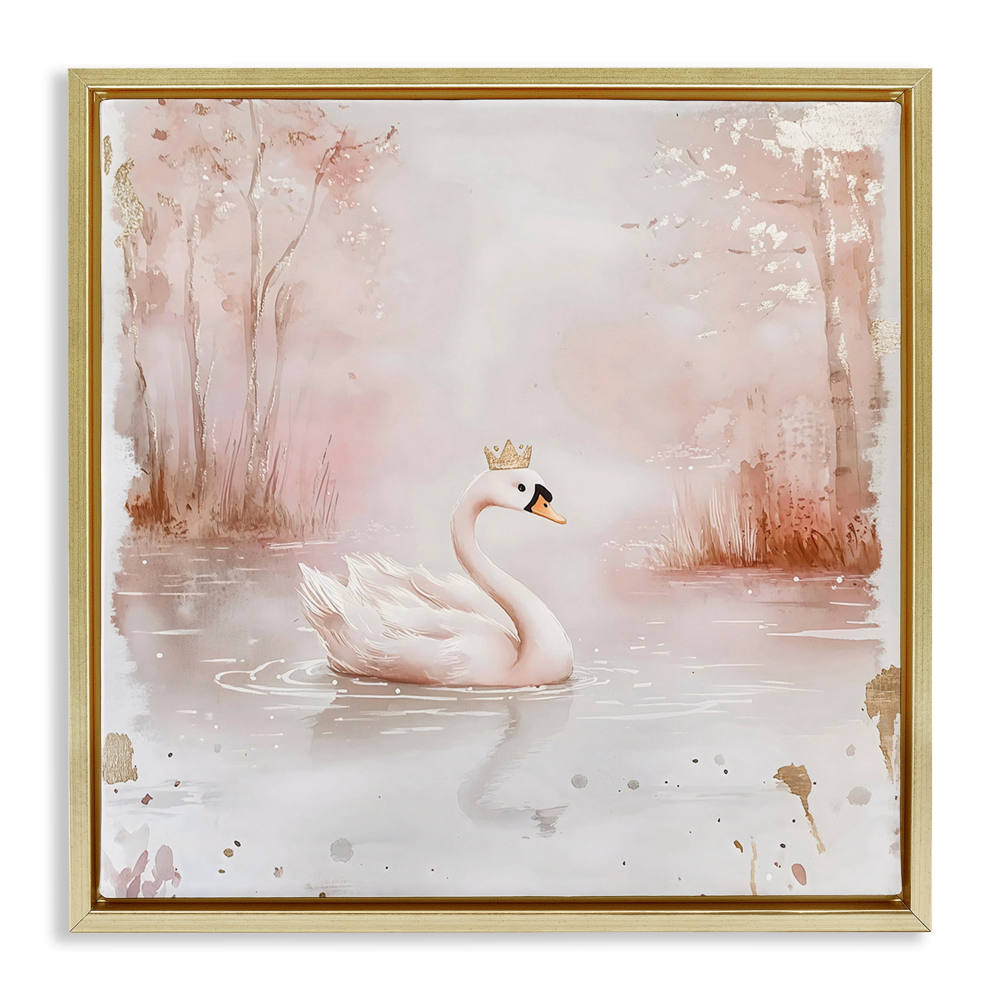Stupell Industries Swan with Crown in Pastels Gold Framed Floater Canvas Wall Art, design by Creative Studio