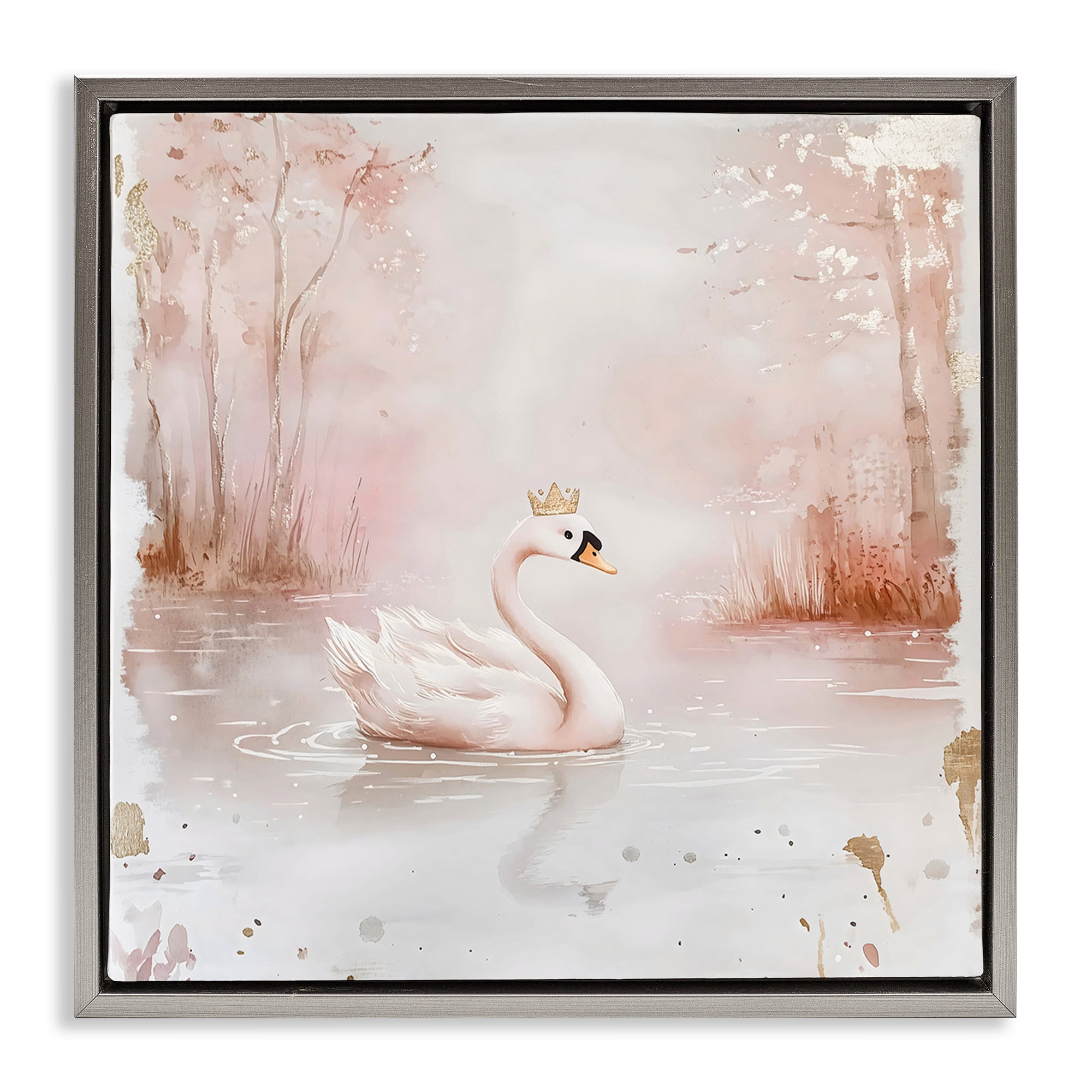 Stupell Industries Swan with Crown in Pastels Gray Framed Floater Canvas Wall Art, design by Creative Studio