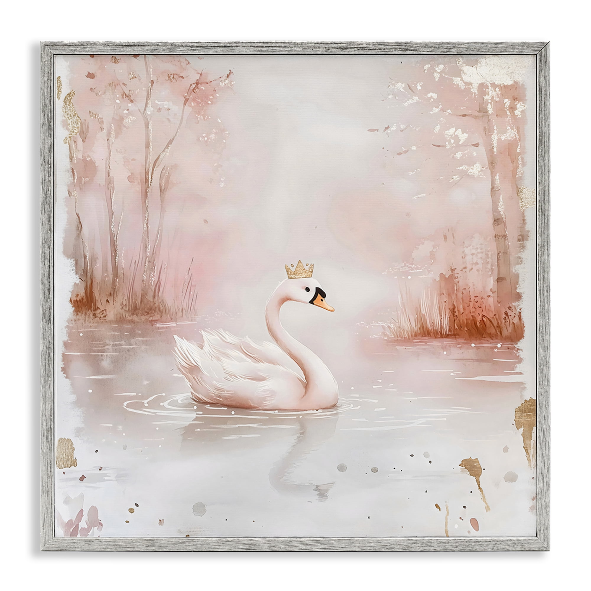 Stupell Industries Swan with Crown in Pastels Gray Framed Giclee Art, design by Creative Studio