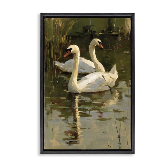 Stupell Industries Transitional Swans For A Swim Black Floating Frame Canvas Art, 17 x 25, by Petals Prints Design