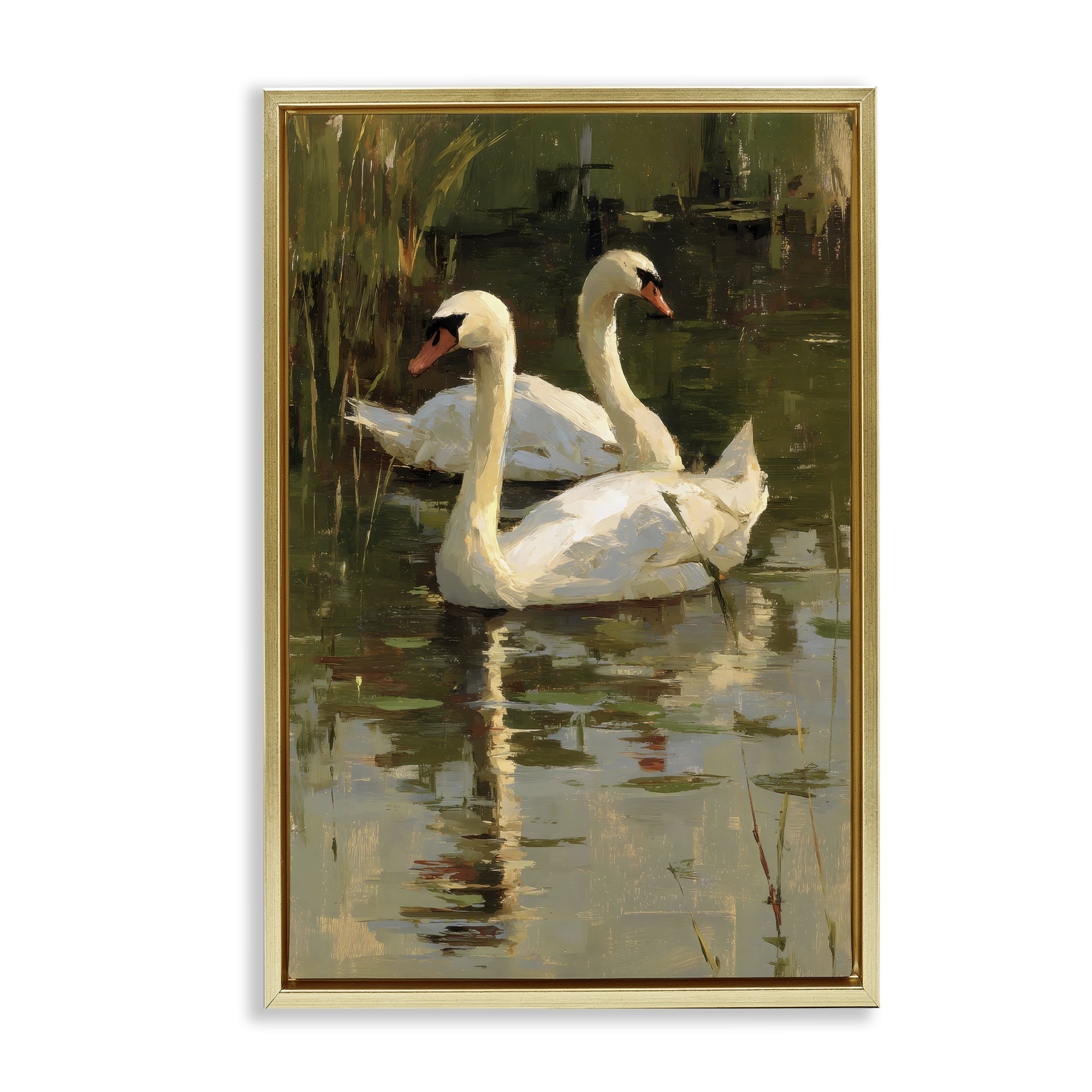 Stupell Industries Swans For A Swim Gold Framed Floater Canvas Wall Art, design by Petal Prints Design
