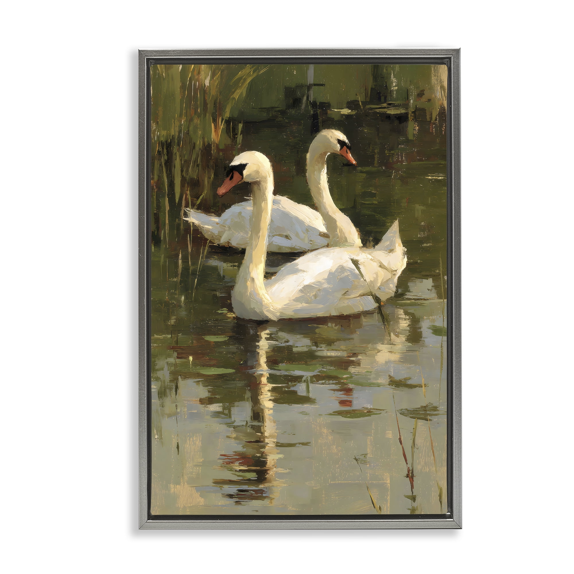 Stupell Industries Swans For A Swim Gray Framed Floater Canvas Wall Art, design by Petal Prints Design