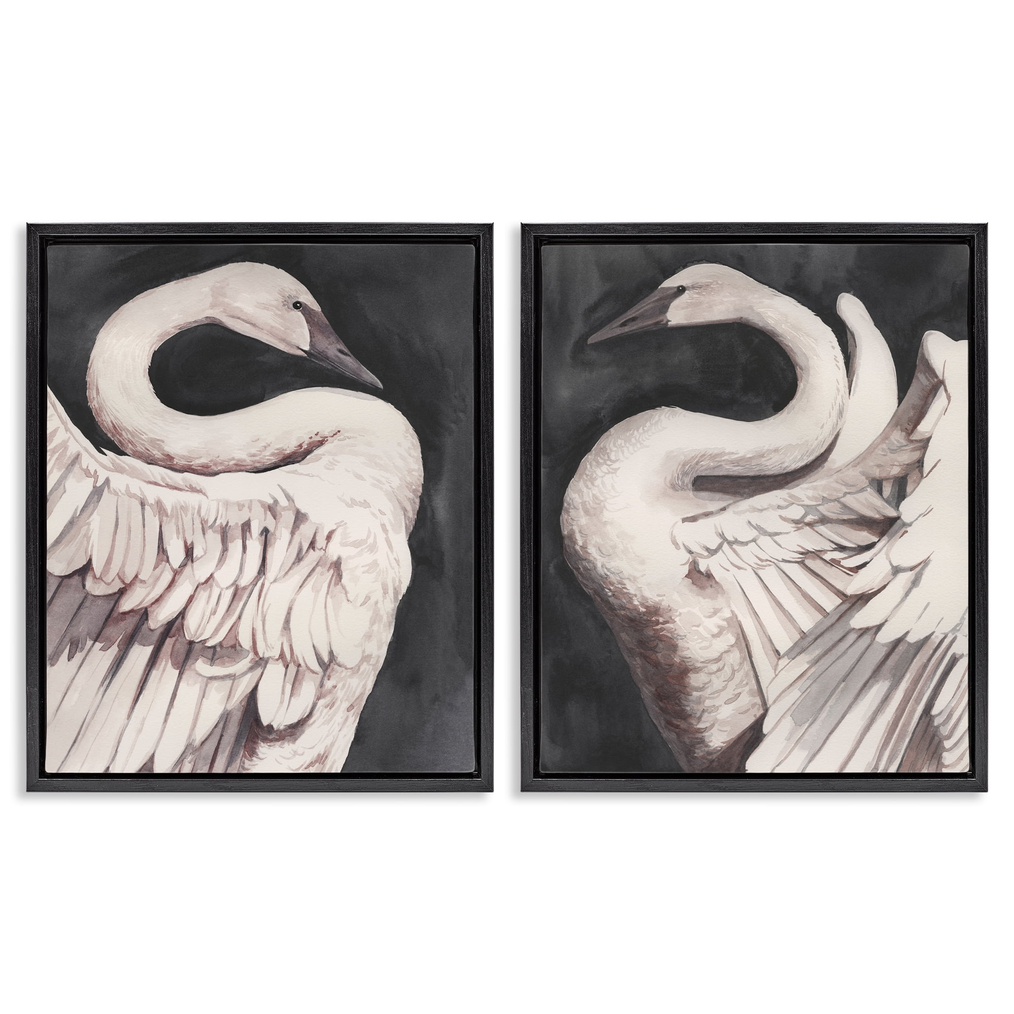 Stupell Industries Swans Taking Flight Animals Painting Black Floater Framed Canvas Art Print Wall Art, 17 x 21, Set of 2