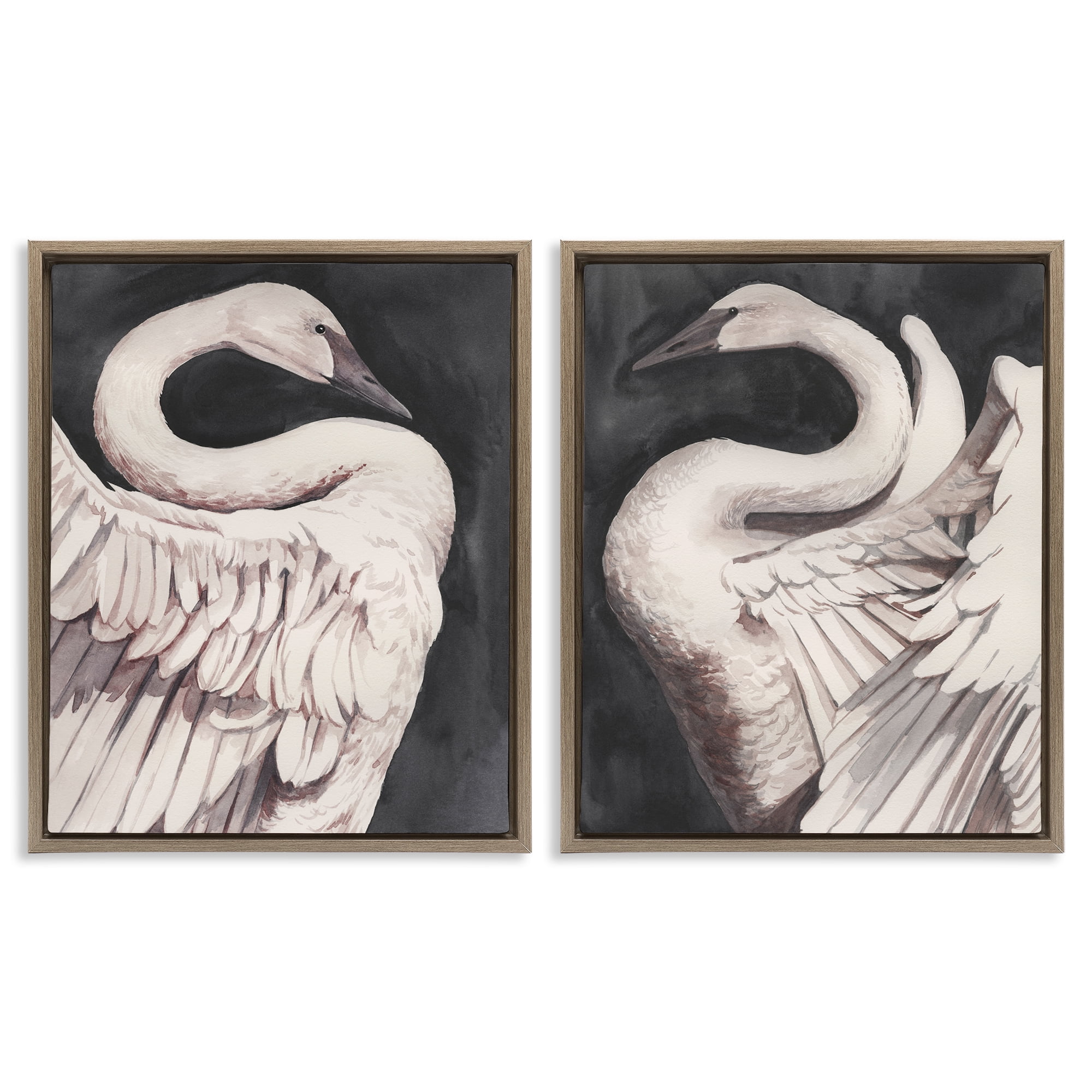 Stupell Industries Swans Taking Flight Animals Painting Brown Floater Framed Canvas Art Print Wall Art, 17 x 21, Set of 2