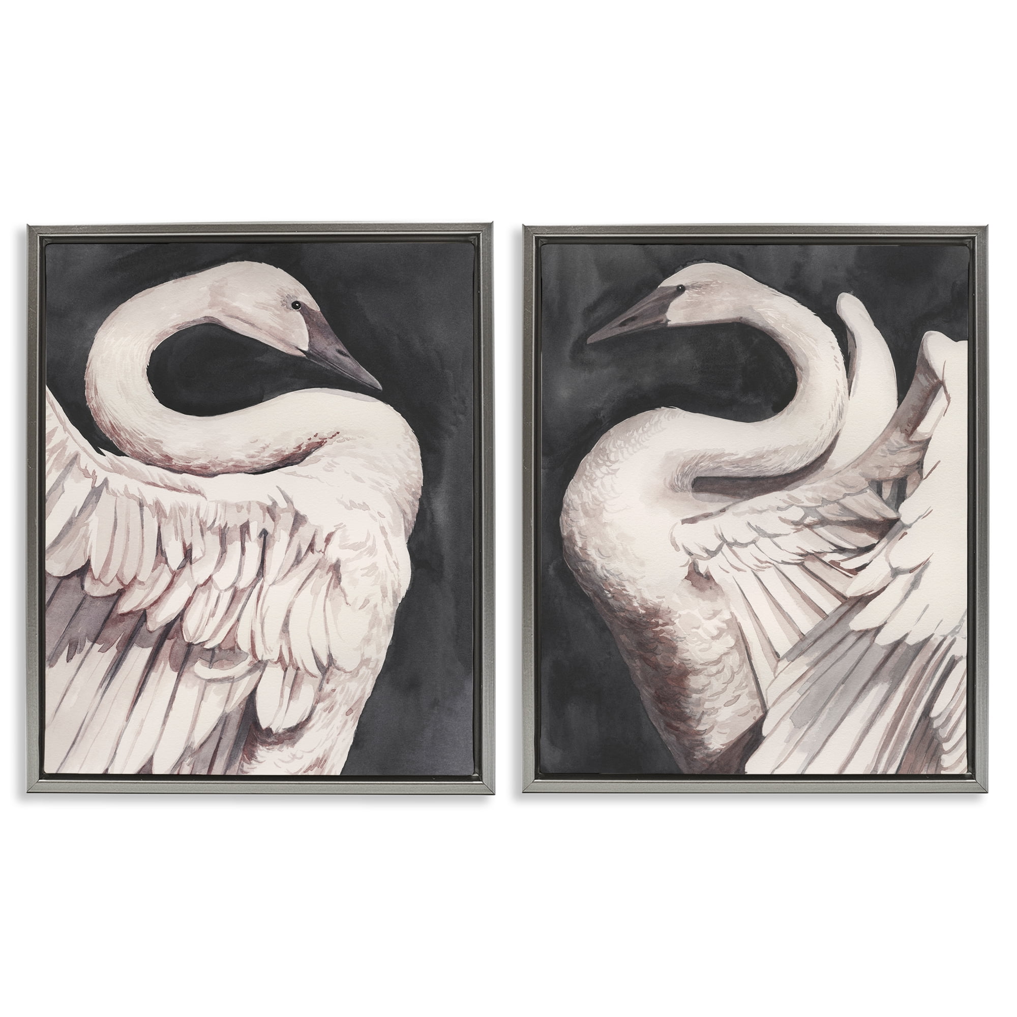 Stupell Industries Swans Taking Flight Animals Painting Gray Floater Framed Canvas Art Print Wall Art, 17 x 21, Set of 2
