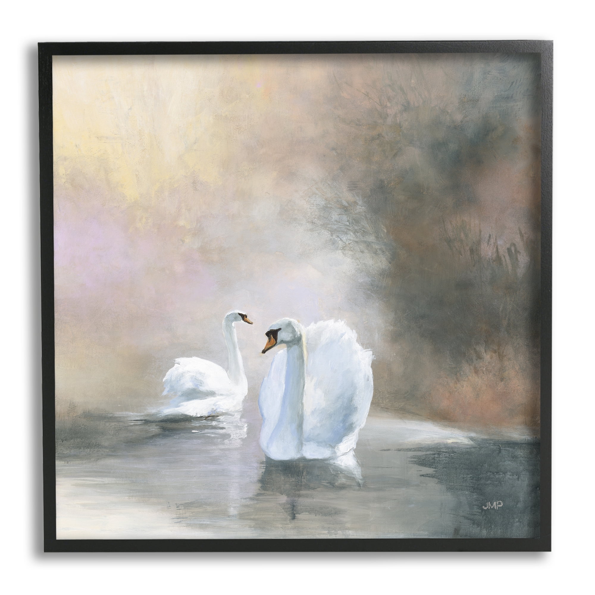 Stupell Industries Swans on Lake Landscape Animals & Insects Painting Black Framed Art Print Wall Art, 24 x 24