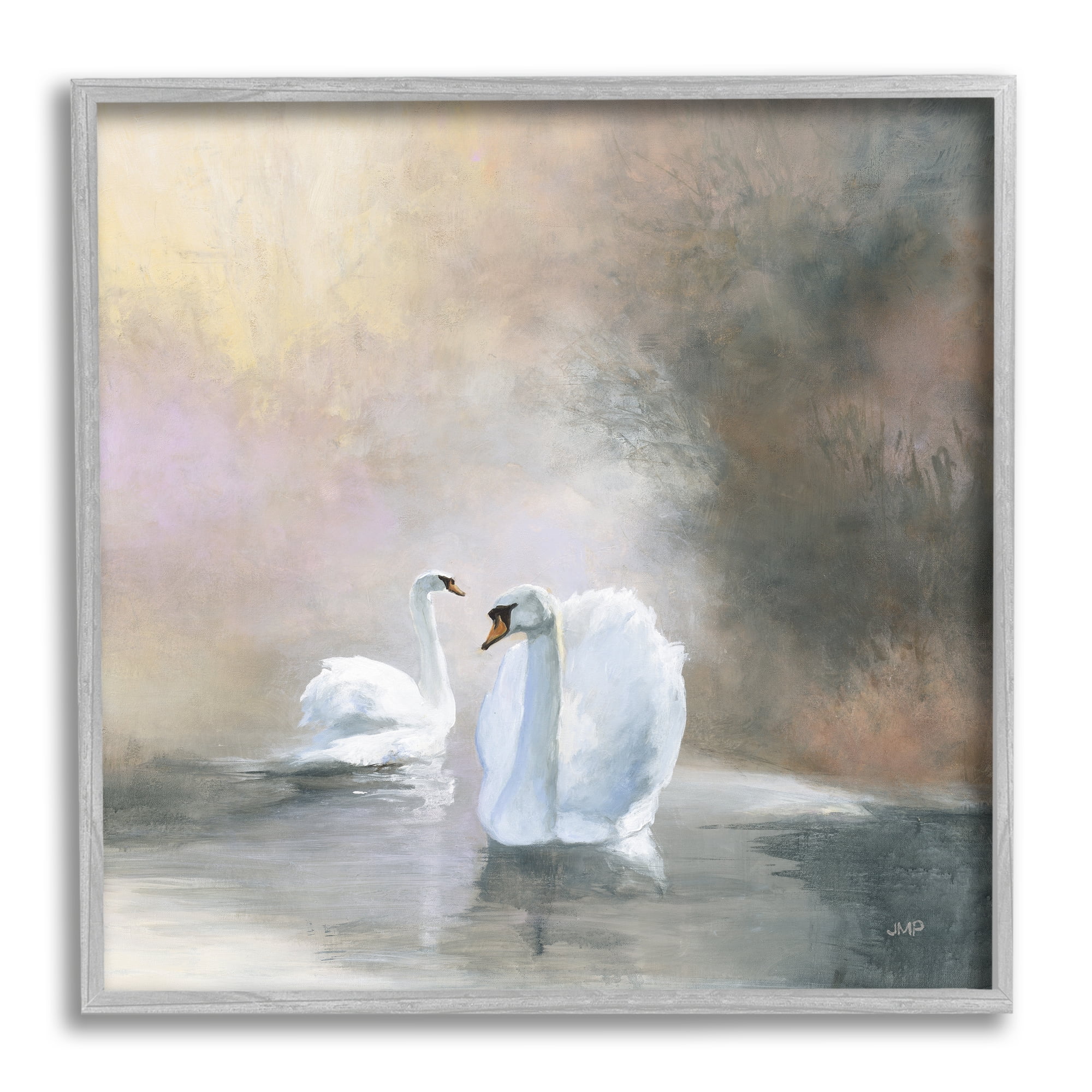 Stupell Industries Swans on Lake Landscape Animals & Insects Painting Gray Framed Art Print Wall Art, 12 x 12