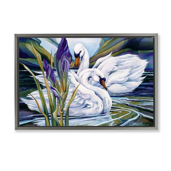 Stupell Industries Swans with Abstract Pond Ripples Animals Painting Gray Floater Framed Canvas Art Print Wall Art, 25 x 17
