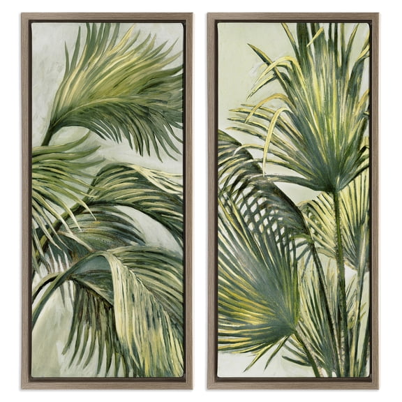 Stupell Industries Swaying Green Palms Botanical & Floral Painting Brown Floater Framed Canvas Art Print Wall Art, 11 x 25, Set of 2