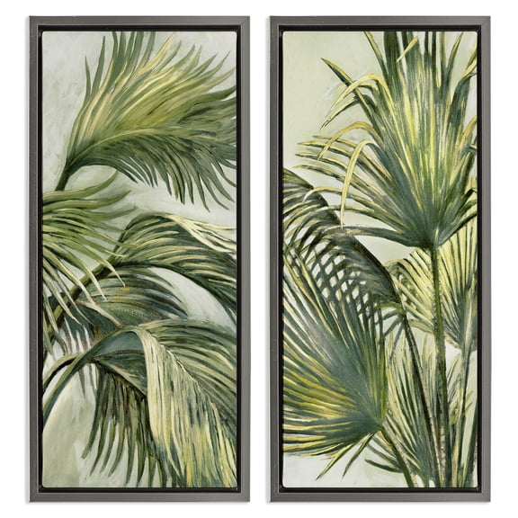Stupell Industries Swaying Green Palms Botanical & Floral Painting Gray Floater Framed Canvas Art Print Wall Art, 11 x 25, Set of 2
