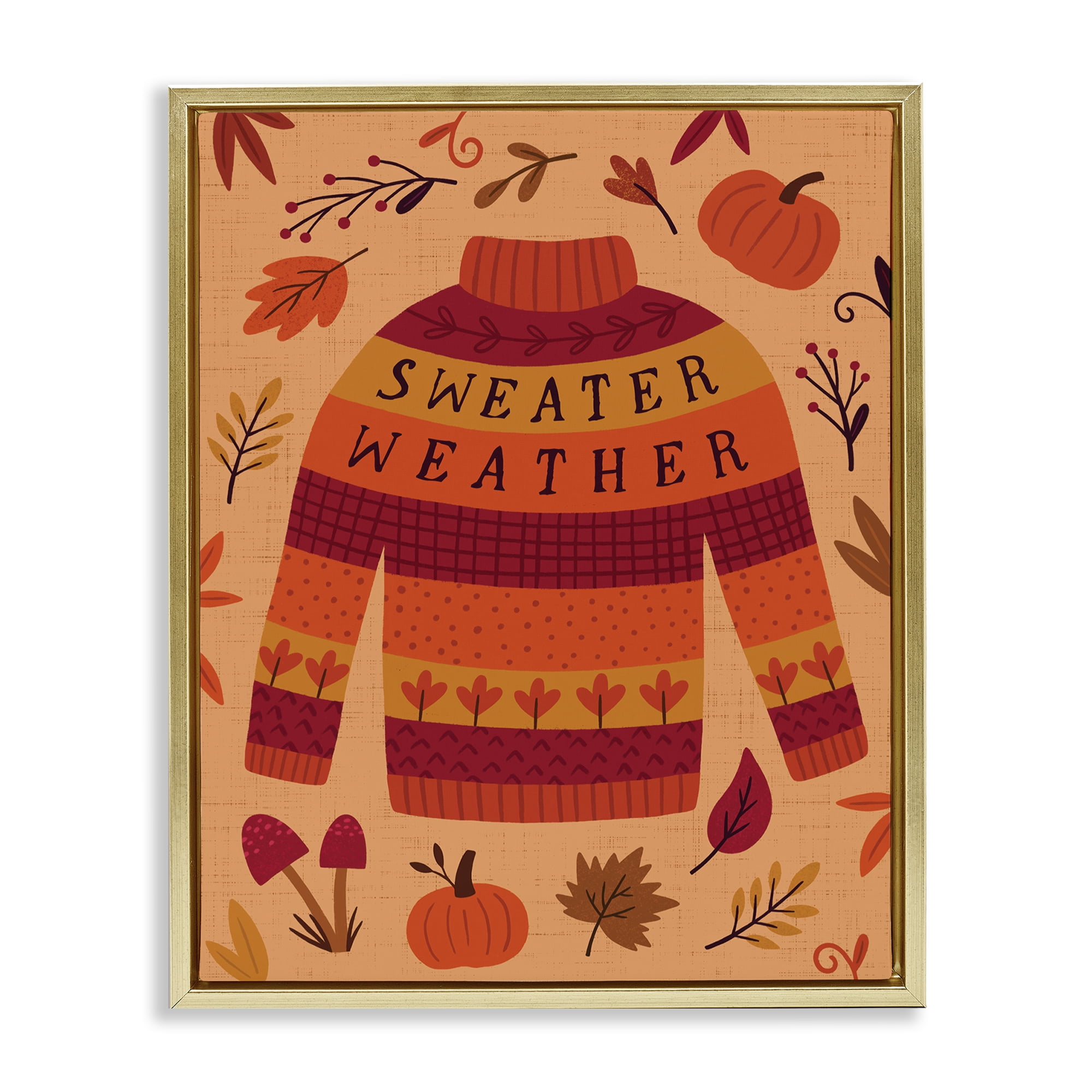 Stupell Industries Sweater Weather Cozy Fall Holiday Painting Gold Floater Framed Canvas Art Print Wall Art, 17 x 21
