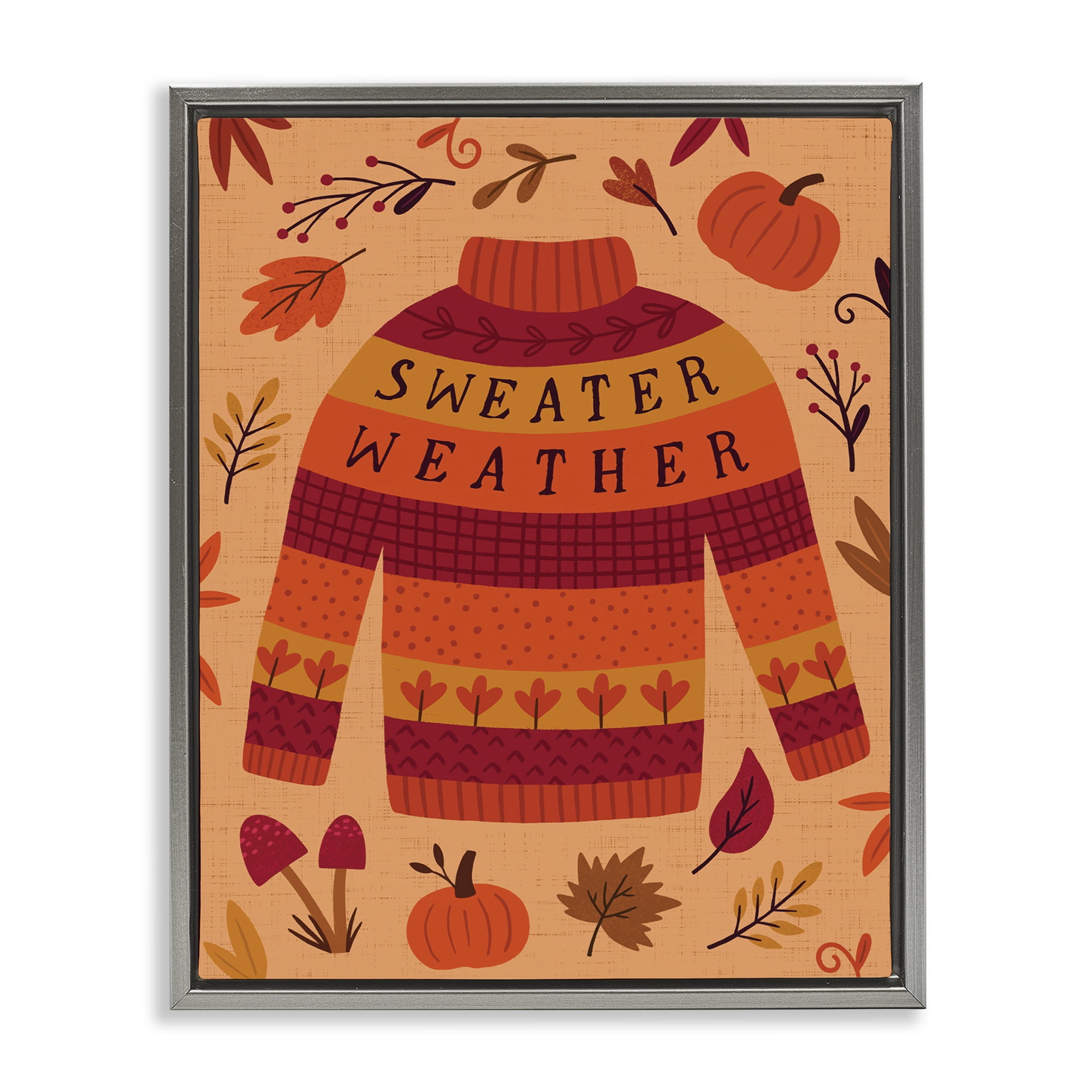 Stupell Industries Sweater Weather Cozy Fall Holiday Painting Gray Floater Framed Canvas Art Print Wall Art, 25 x 31