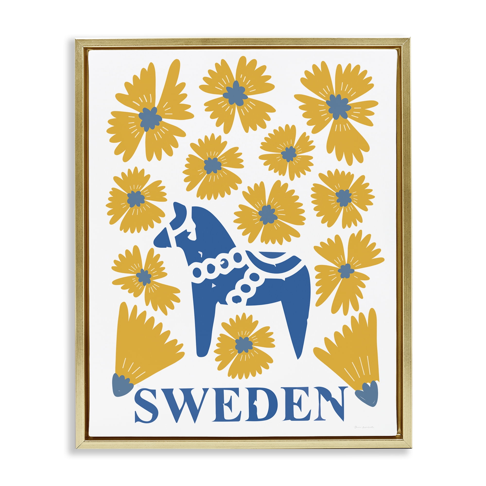Stupell Industries Swedish Folk Flowers Gold Framed Floater Canvas Wall Art, design by Omar Escalante