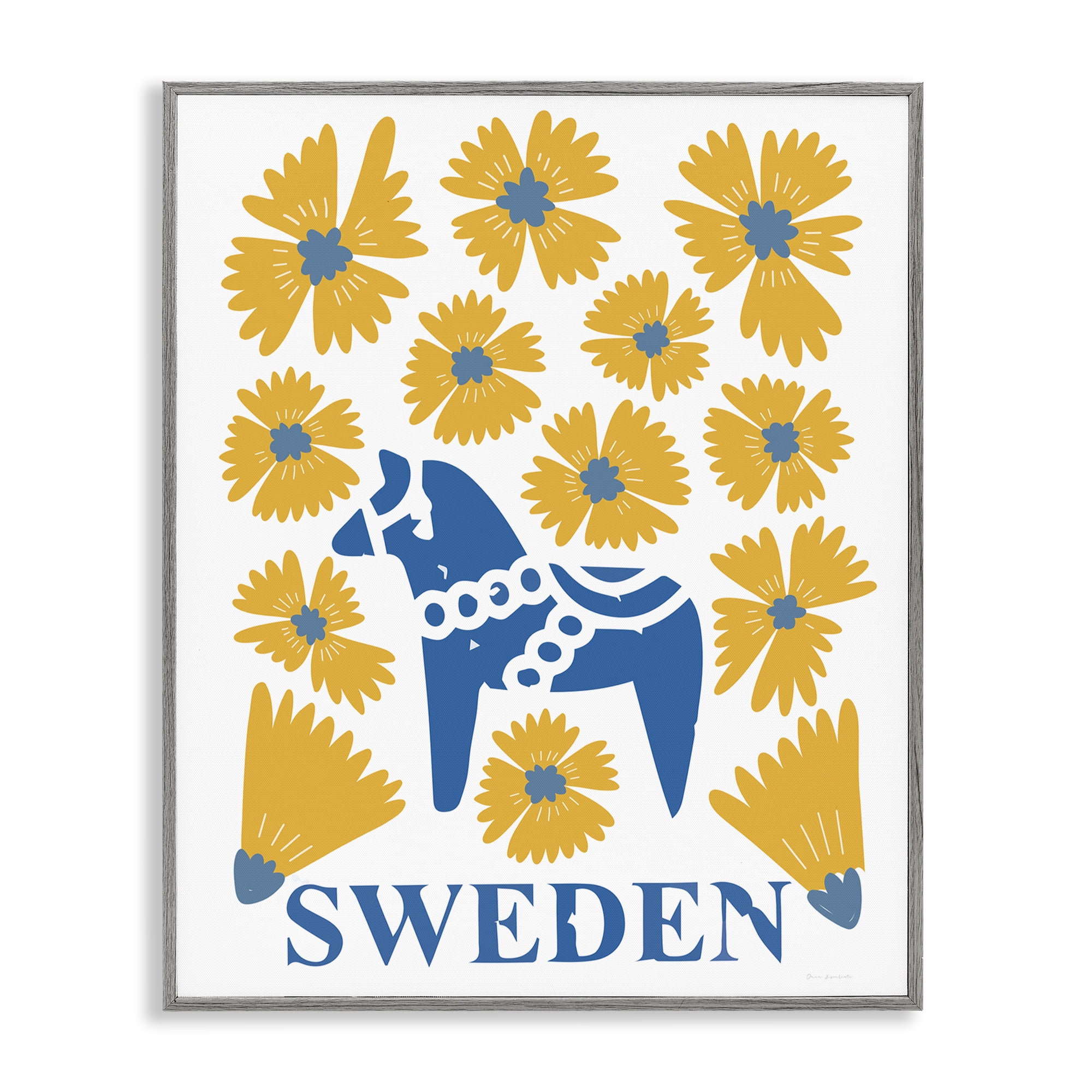 Stupell Industries Swedish Folk Flowers Gray Framed Giclee Art, design by Omar Escalante
