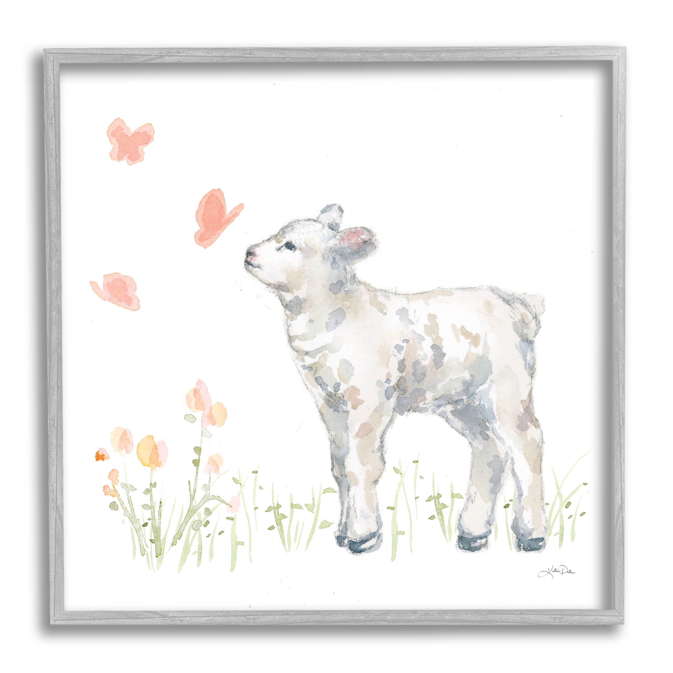 Stupell Industries Sweet Baby Lamb Butterfly Meadow Graphic Art Gray Framed Art Print Wall Art, Design by Katrina Pete
