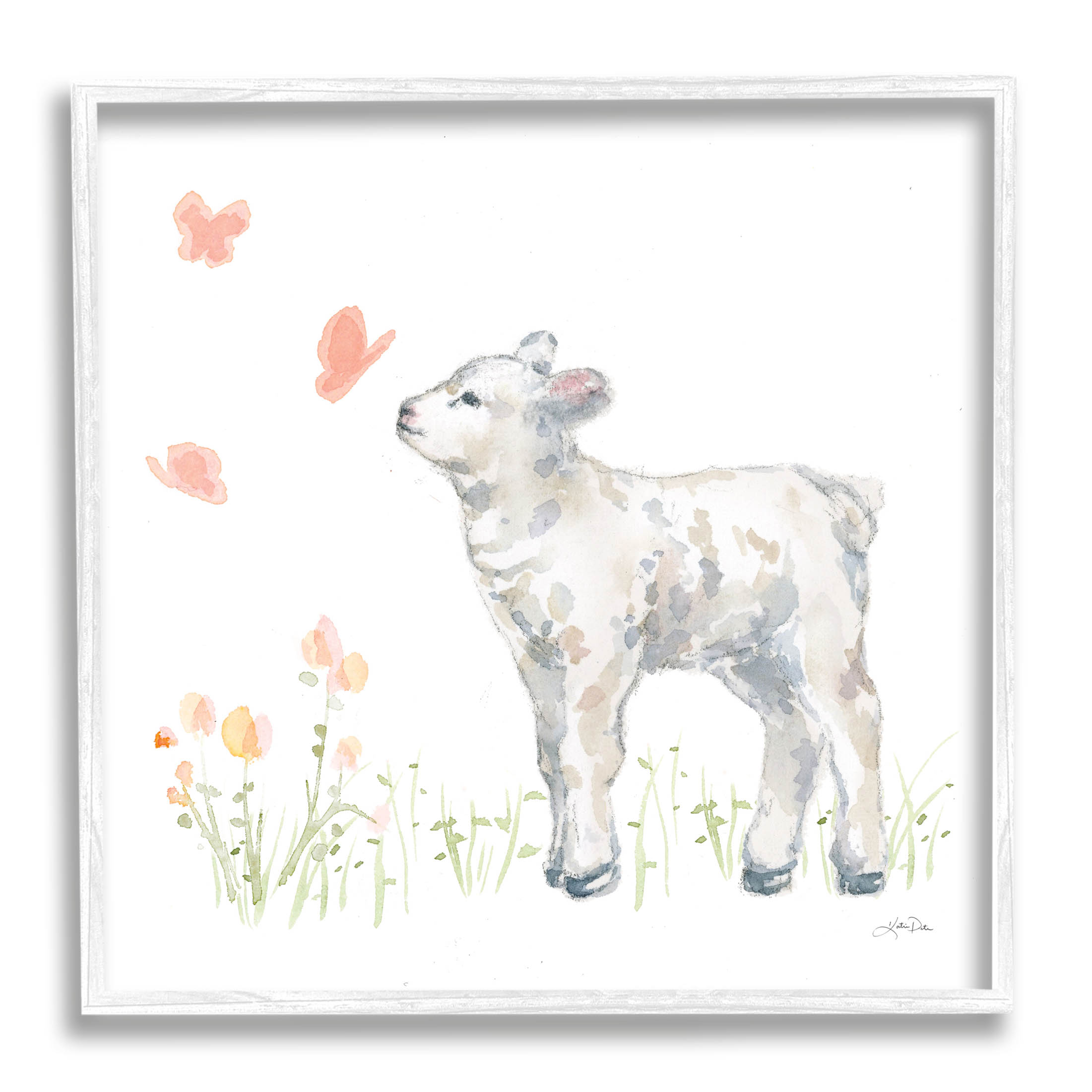 Stupell Industries Sweet Baby Lamb Butterfly Meadow Graphic Art White Framed Art Print Wall Art, Design by Katrina Pete