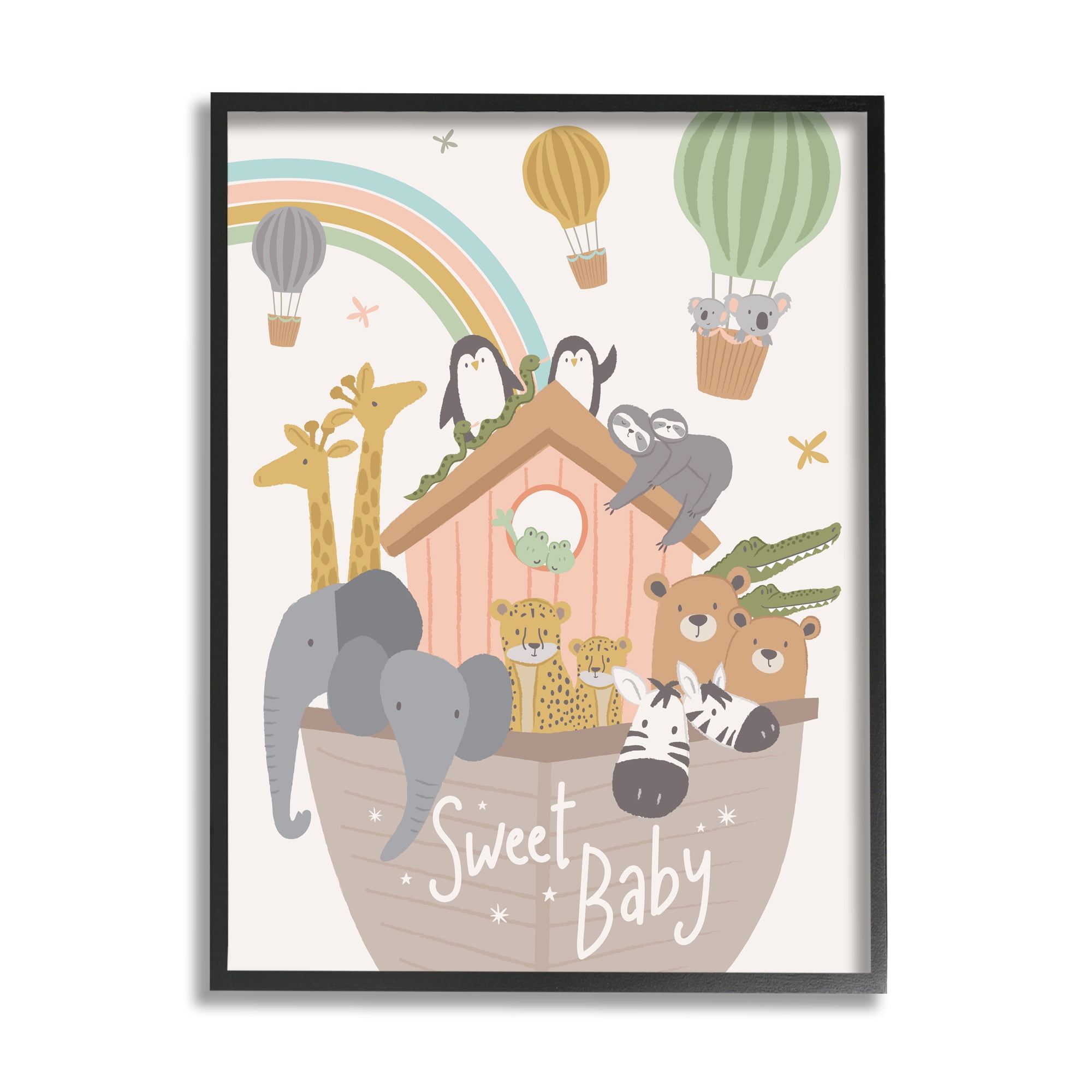 Stupell Industries Sweet Baby Phrase Animal Ark Hot Air Balloons Graphic Art Black Framed Art Print Wall Art, 11x14, by Lisa Whitebutton