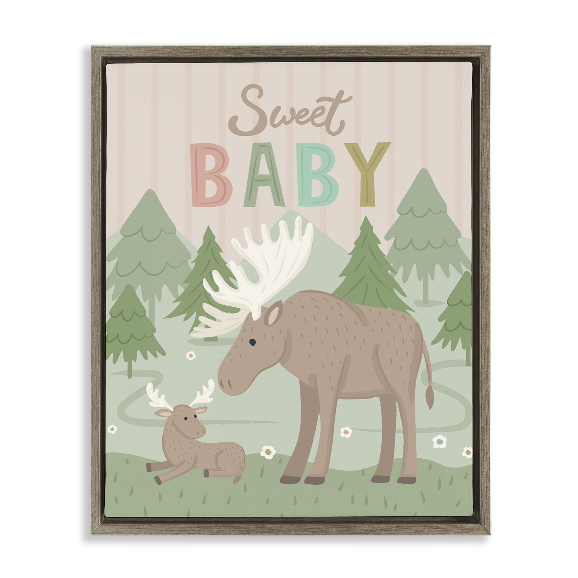 Stupell Industries Sweet Baby Wild Moose Animals Painting Brown Floater Framed Canvas Art Print Wall Art, 25 x 31
