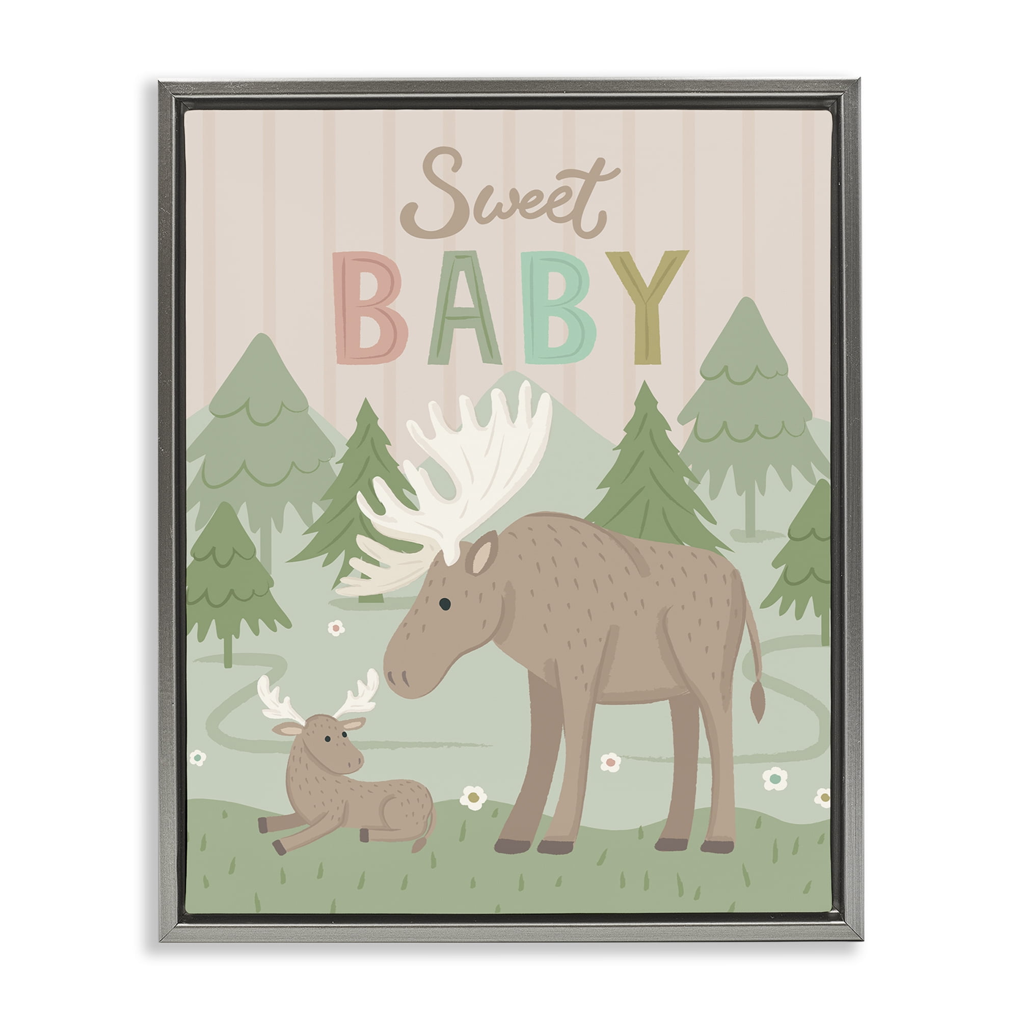 Stupell Industries Sweet Baby Wild Moose Animals Painting Gray Floater Framed Canvas Art Print Wall Art, 17 x 21