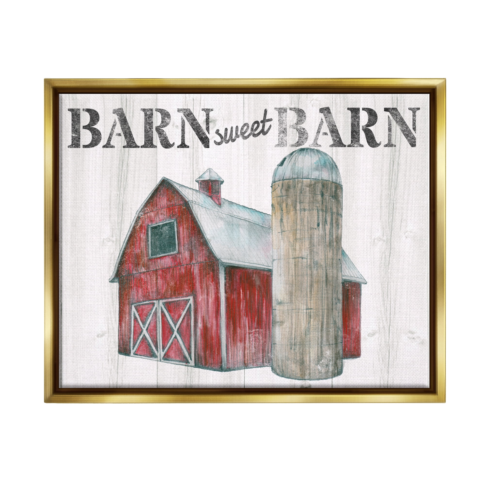 Stupell Industries Sweet Barn Rustic Phrase Landscape Painting Gold Floater Framed Canvas Art Print Wall Art, 21 x 17