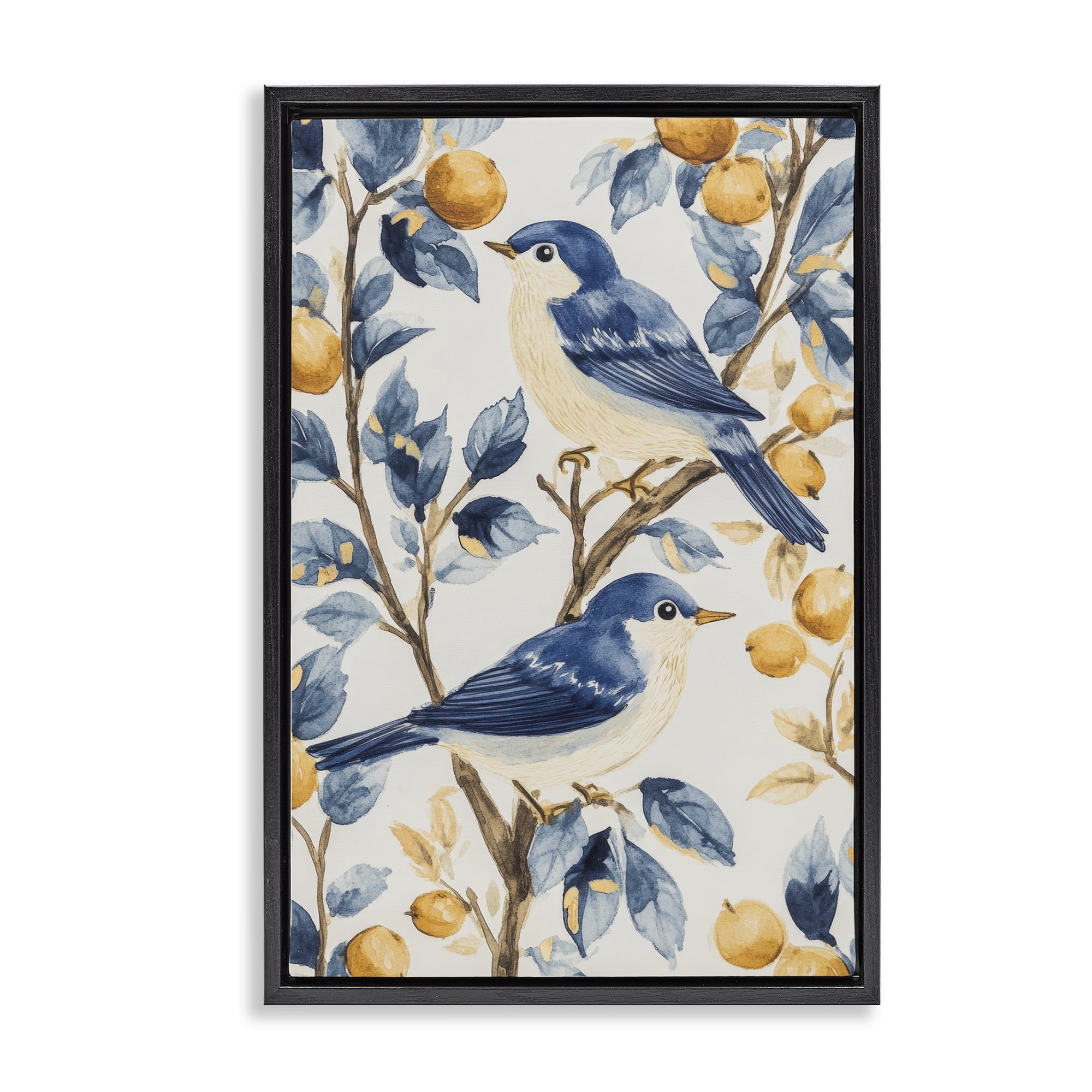 Stupell Industries Sweet Blue Birds on Lemon Branch Black Framed Floater Canvas Wall Art, design by Petal Prints Design