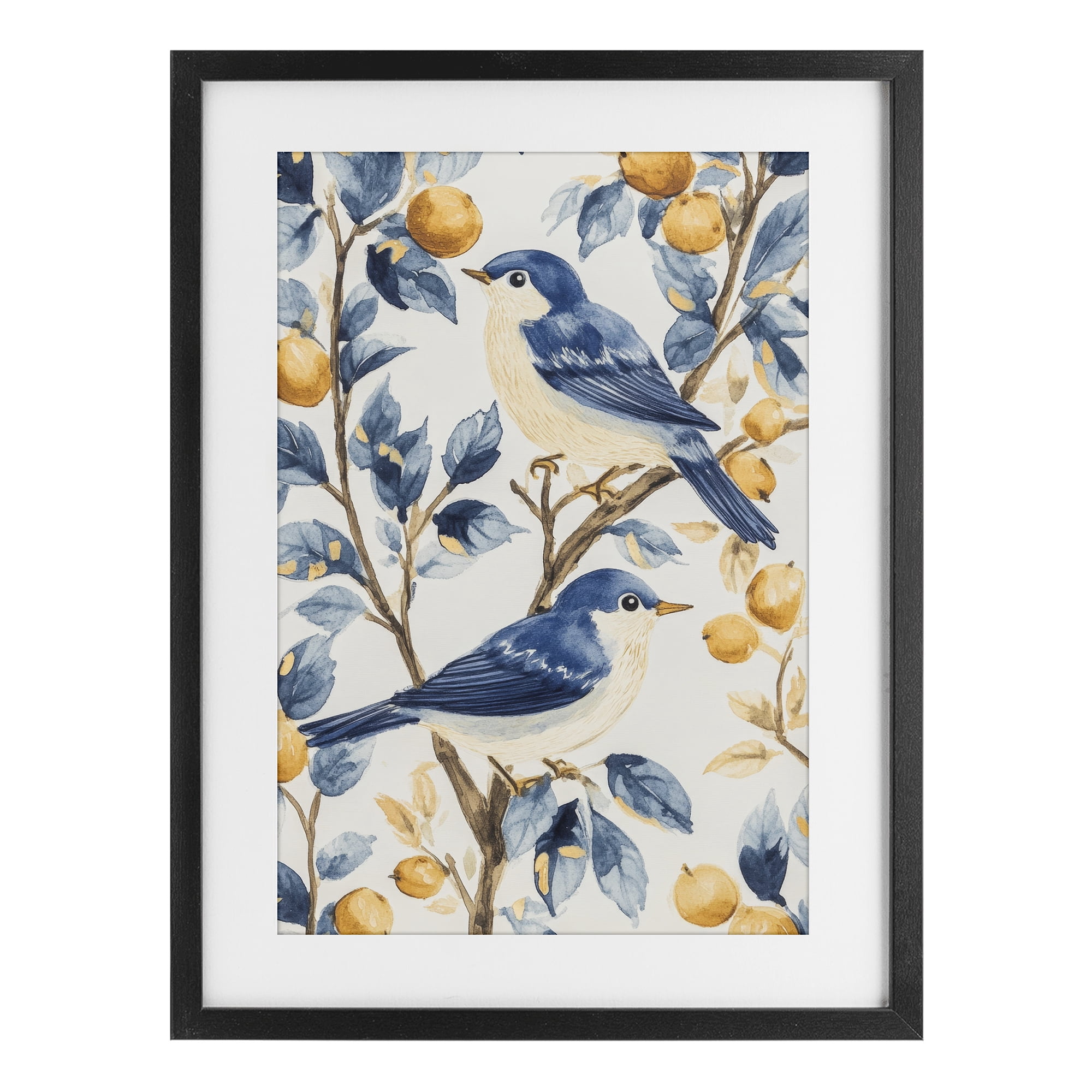 Stupell Industries Sweet Blue Birds on Lemon Branch Black Framed Print Under Glass, design by Petal Prints Design