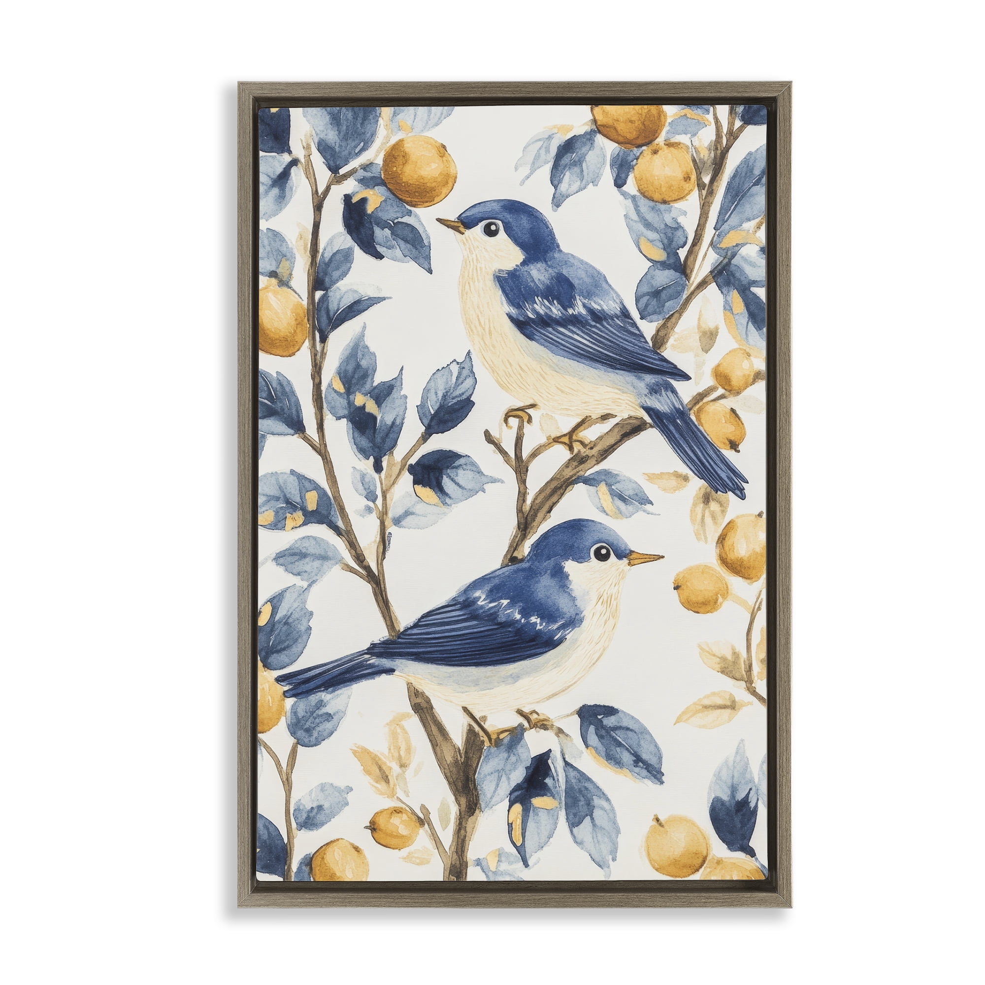 Stupell Industries Sweet Blue Birds on Lemon Branch Brown Framed Floater Canvas Wall Art, design by Petal Prints Design