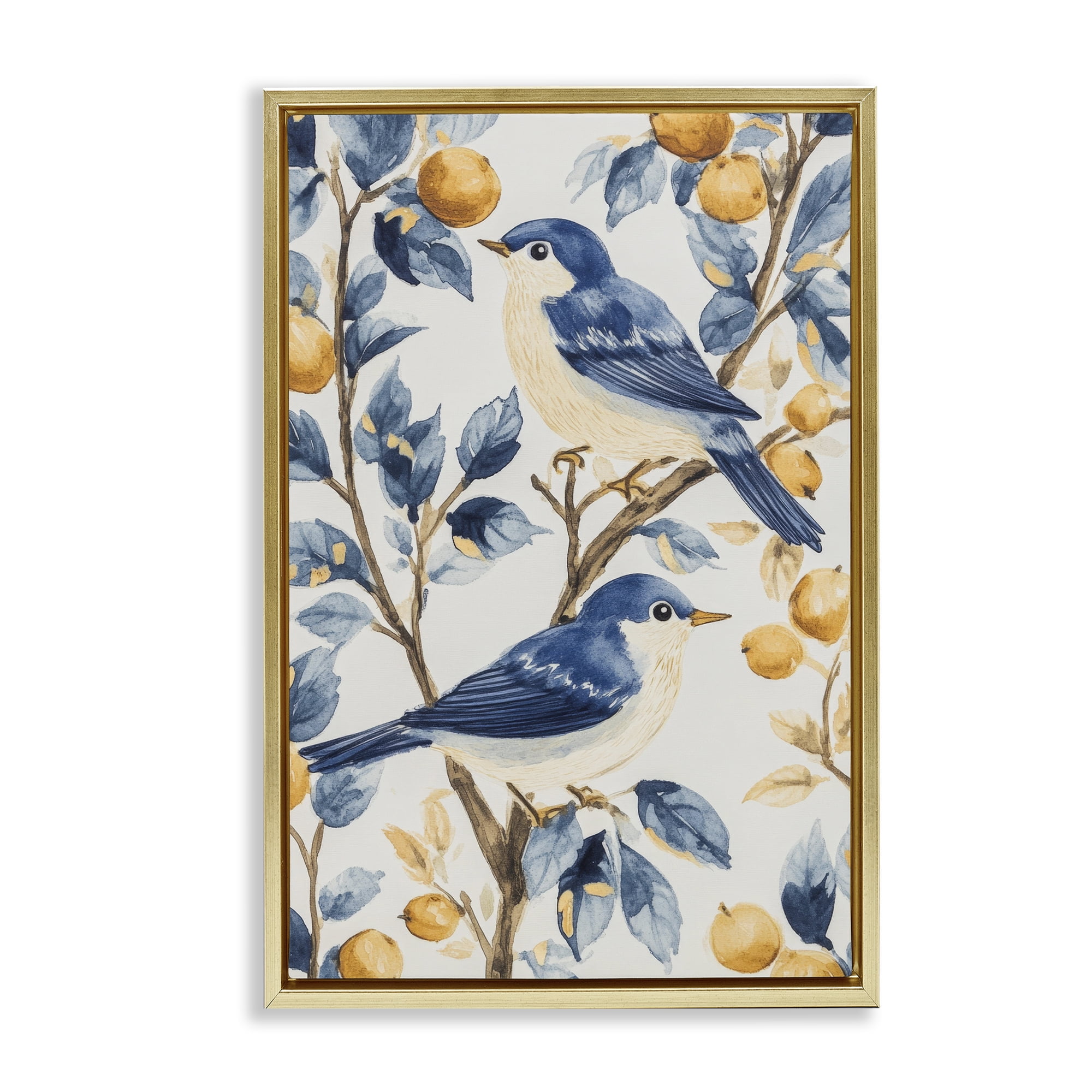 Stupell Industries Sweet Blue Birds on Lemon Branch Gold Framed Floater Canvas Wall Art, design by Petal Prints Design