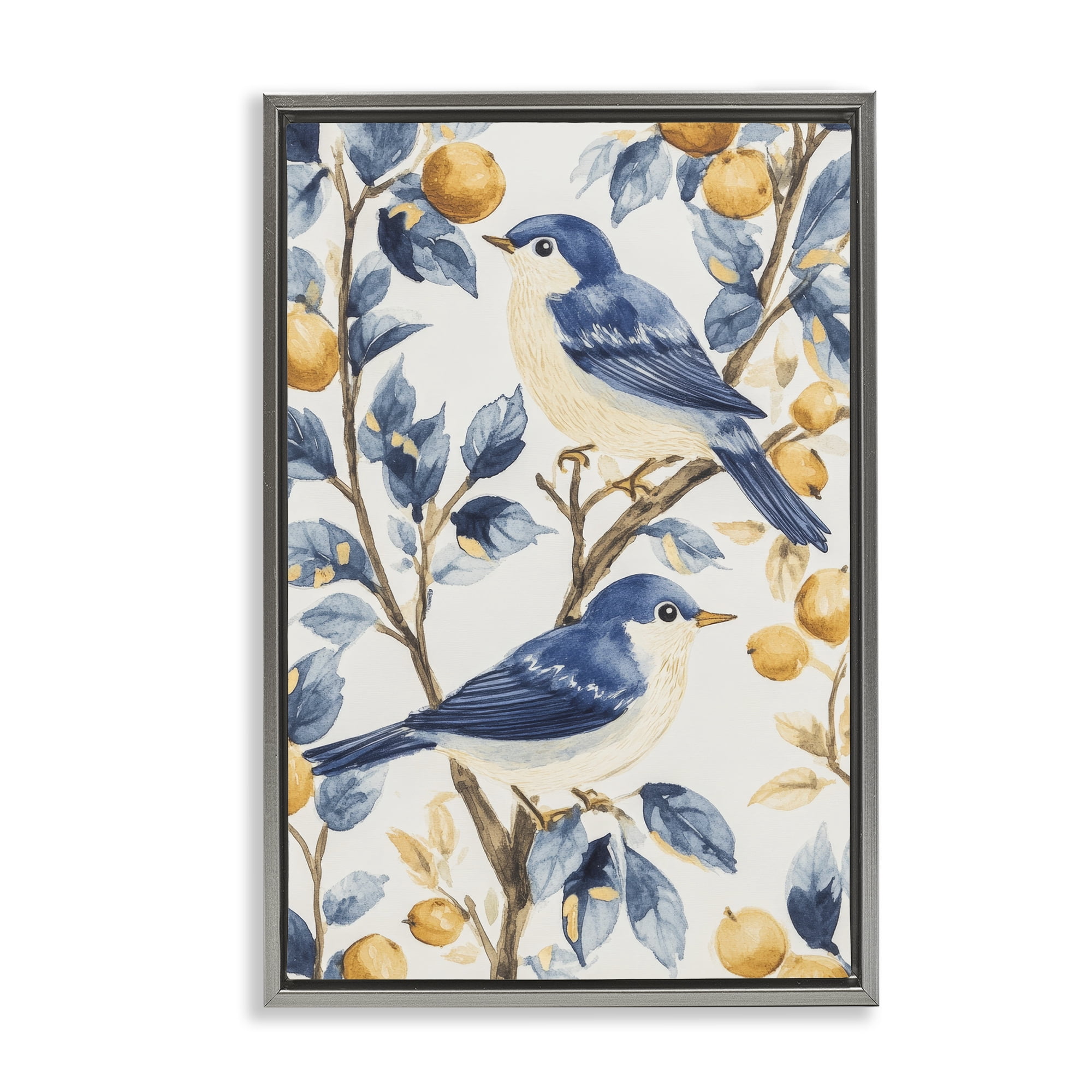 Stupell Industries Sweet Blue Birds on Lemon Branch Gray Framed Floater Canvas Wall Art, design by Petal Prints Design