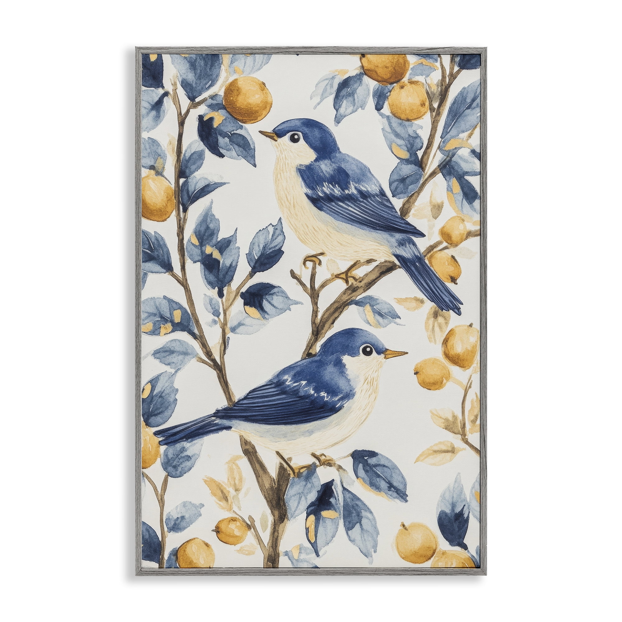 Stupell Industries Sweet Blue Birds on Lemon Branch Gray Framed Giclee Art, design by Petal Prints Design