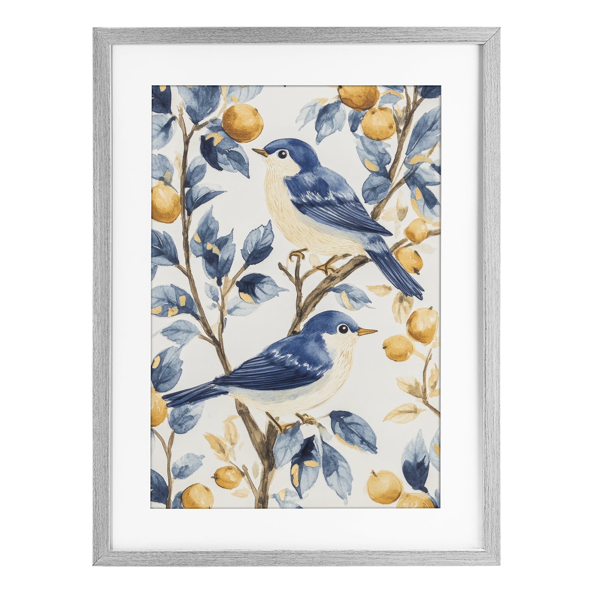 Stupell Industries Sweet Blue Birds on Lemon Branch Gray Framed Print Under Glass, design by Petal Prints Design