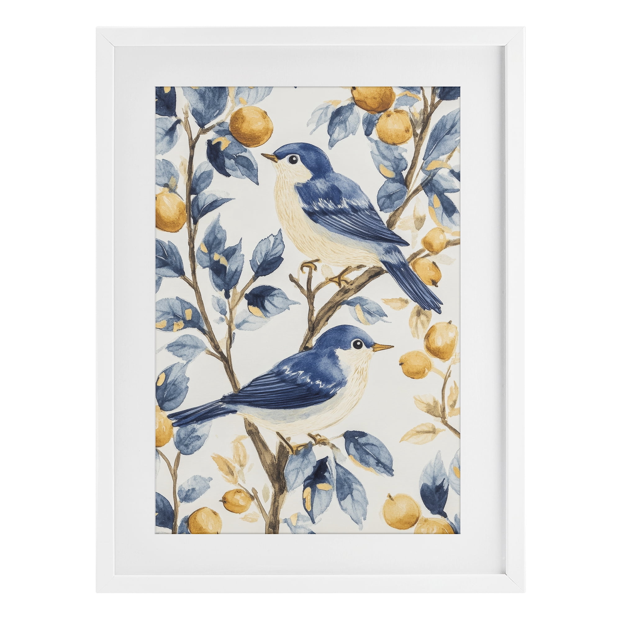 Stupell Industries Sweet Blue Birds on Lemon Branch White Framed Print Under Glass, design by Petal Prints Design