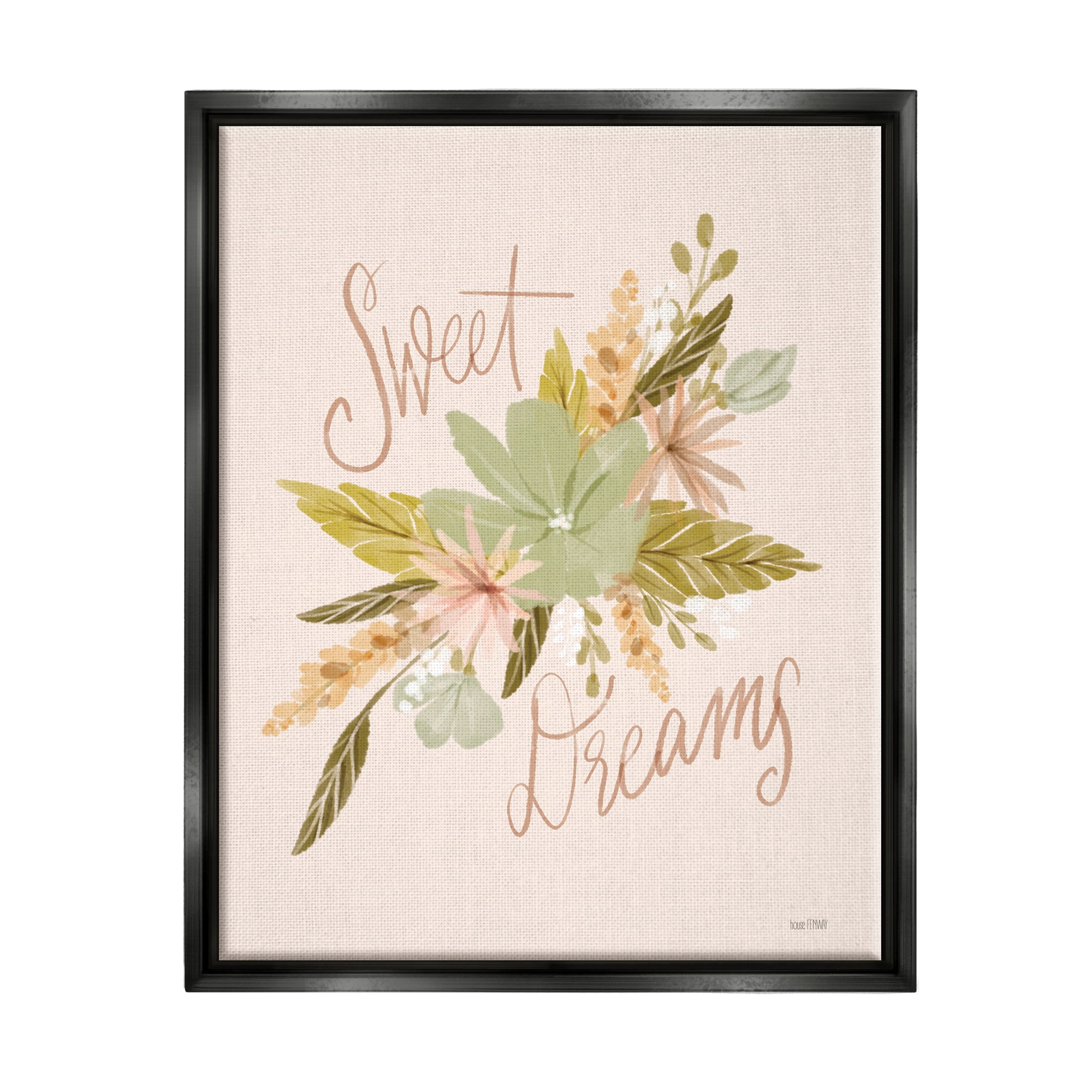 Stupell Industries Sweet Dreams Floral Phrase Botanical & Floral Painting Black Floater Framed Art Print Wall Art, 17 x 21