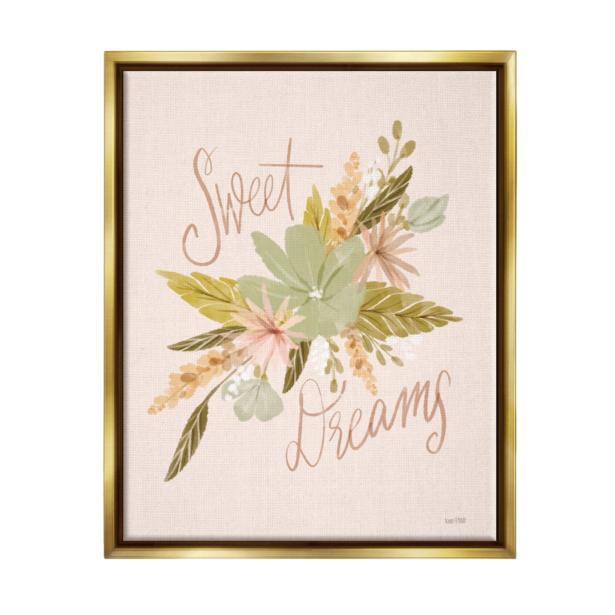 Stupell Industries Sweet Dreams Floral Phrase Botanical & Floral Painting Gold Floater Framed Art Print Wall Art, 25 x 31