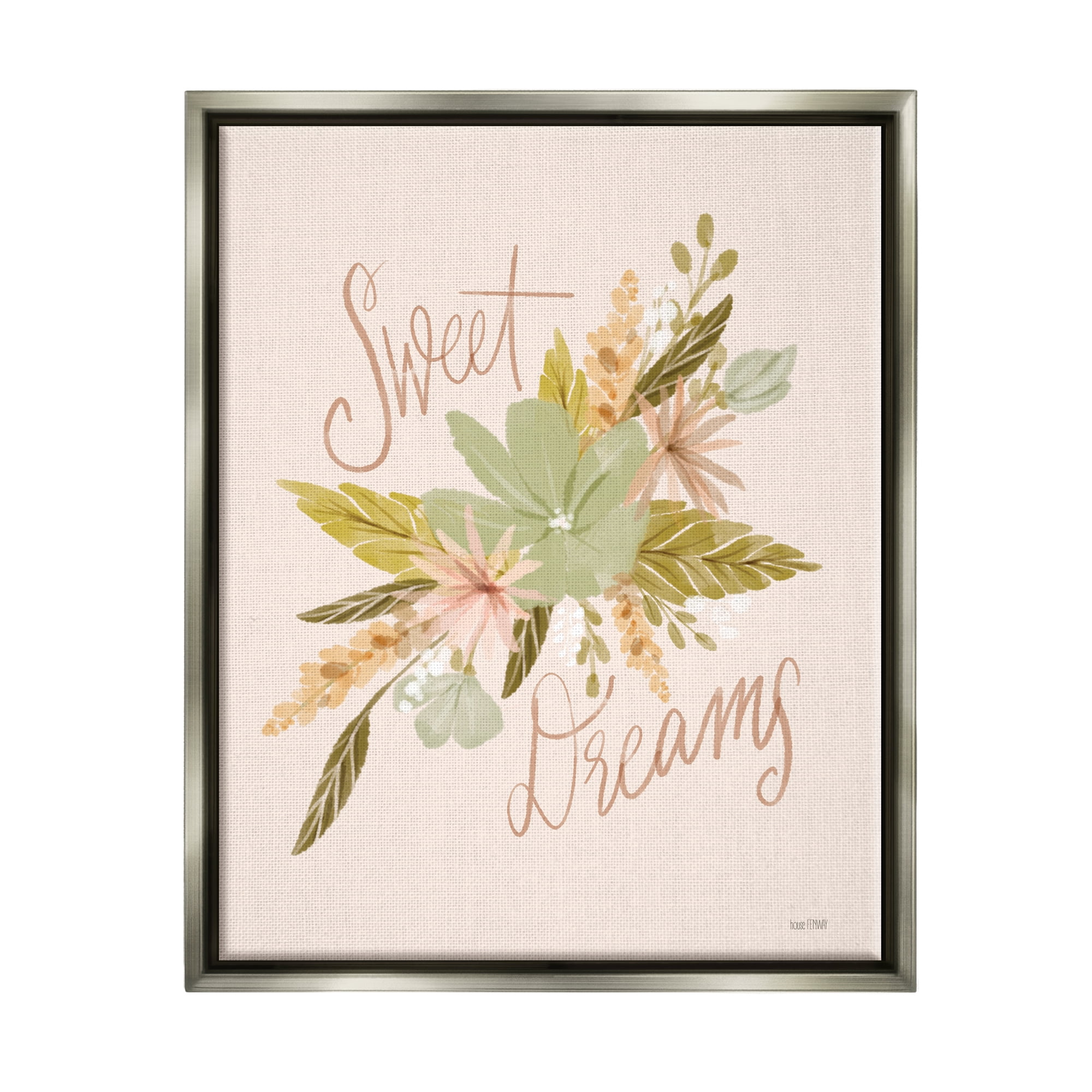 Stupell Industries Sweet Dreams Floral Phrase Botanical & Floral Painting Gray Floater Framed Art Print Wall Art, 17 x 21