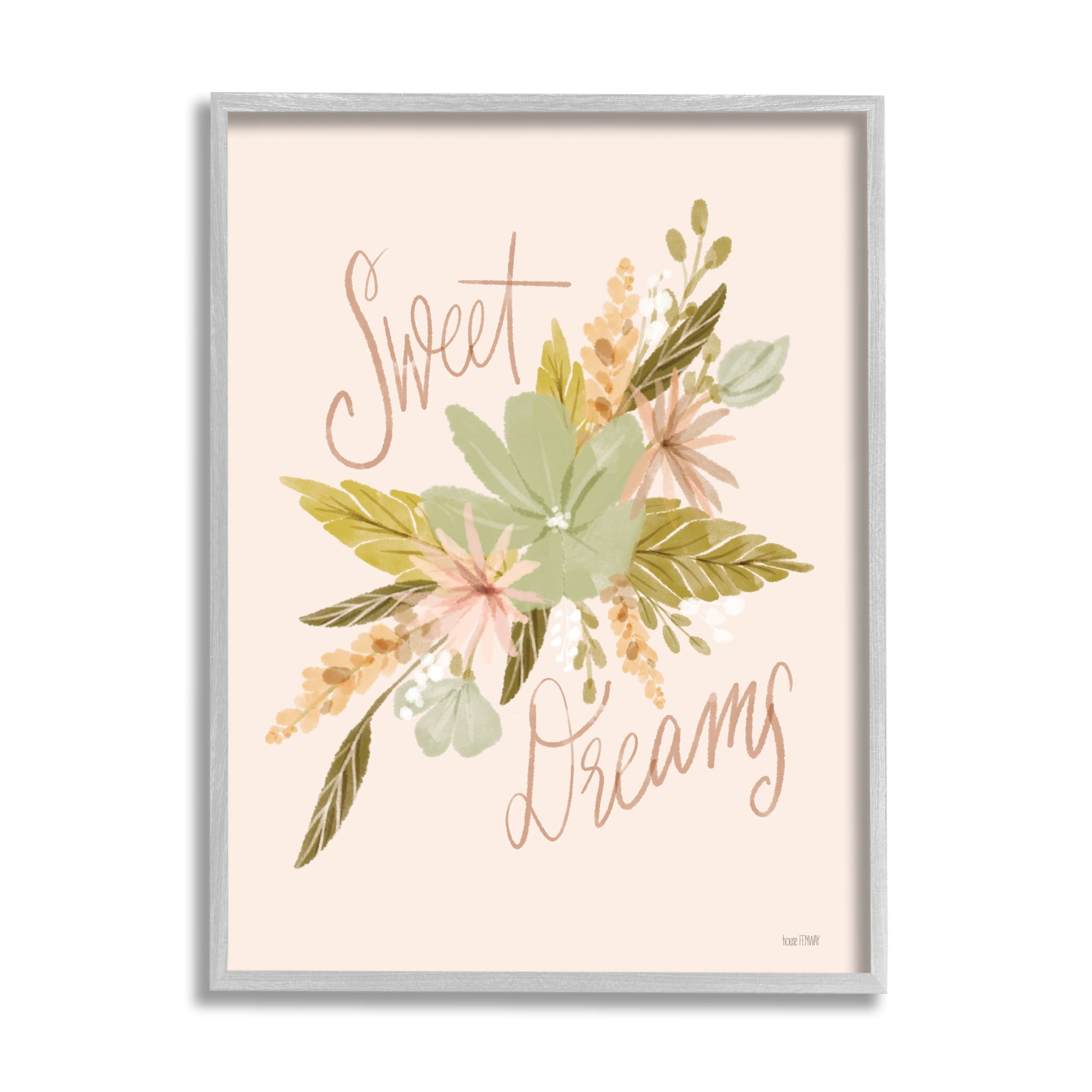 Stupell Industries Sweet Dreams Floral Phrase Botanical & Floral Painting Gray Framed Art Print Wall Art, 16 x 20
