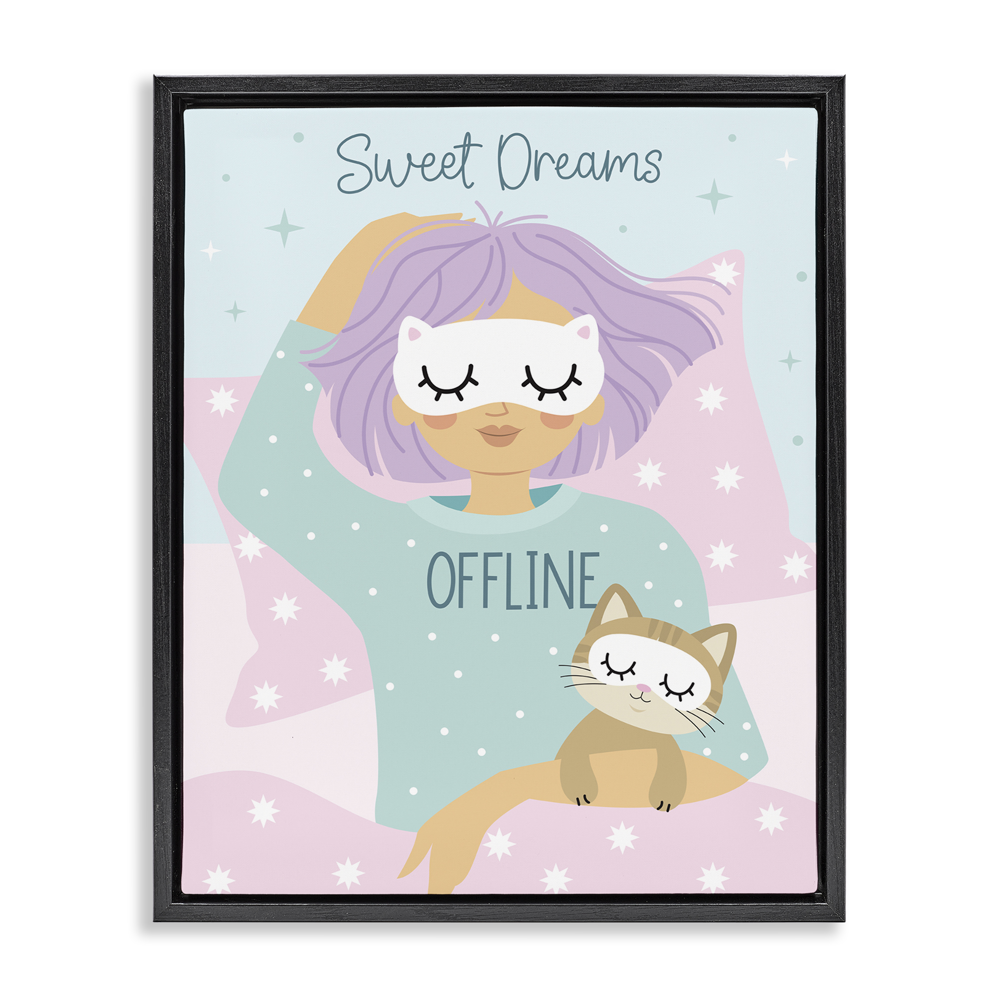 Stupell Industries Sweet Dreams Girl & Cat People Painting Black Floater Framed Canvas Art Print Wall Art, 25 x 31