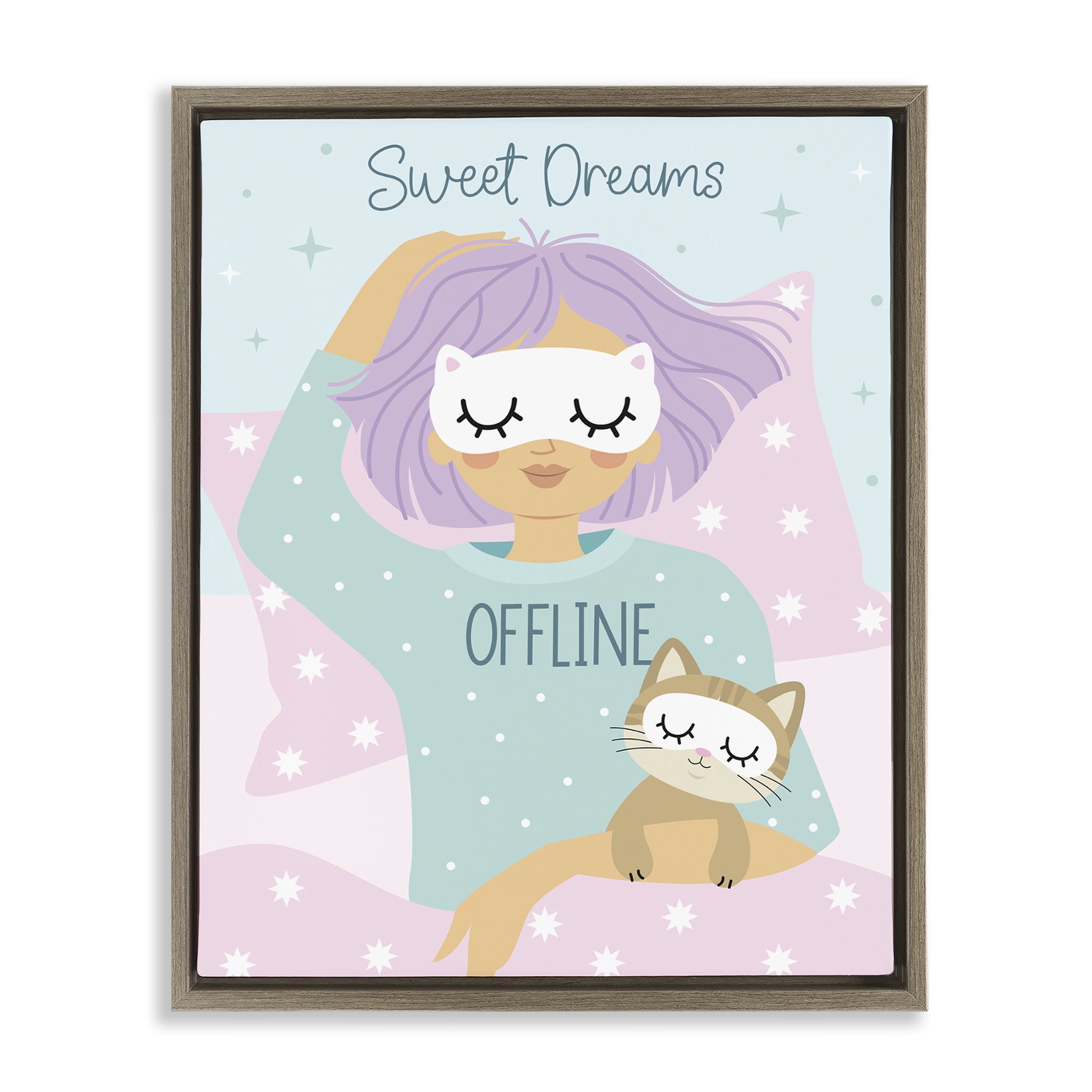 Stupell Industries Sweet Dreams Girl & Cat People Painting Brown Floater Framed Canvas Art Print Wall Art, 17 x 21