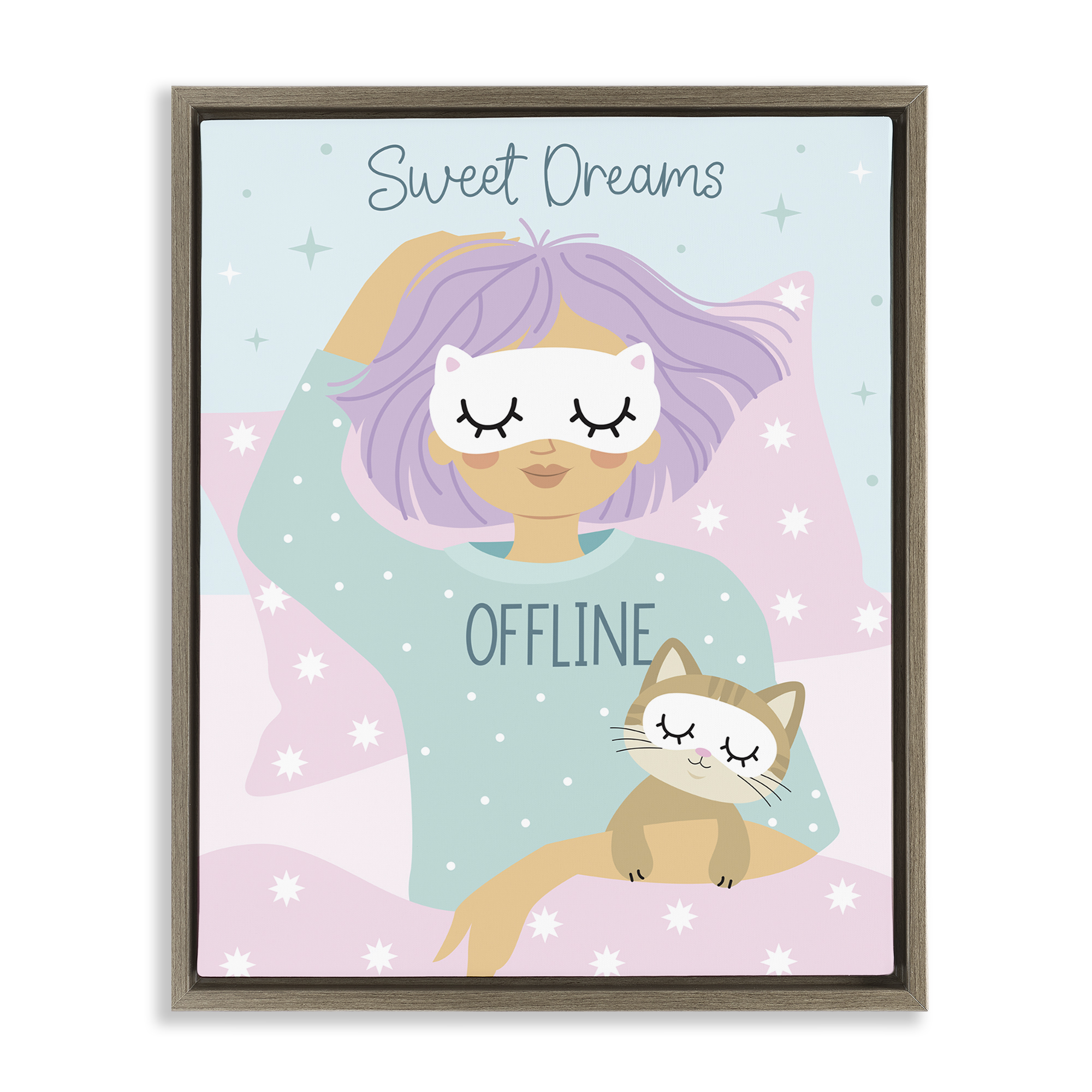 Stupell Industries Sweet Dreams Girl & Cat People Painting Brown Floater Framed Canvas Art Print Wall Art, 25 x 31