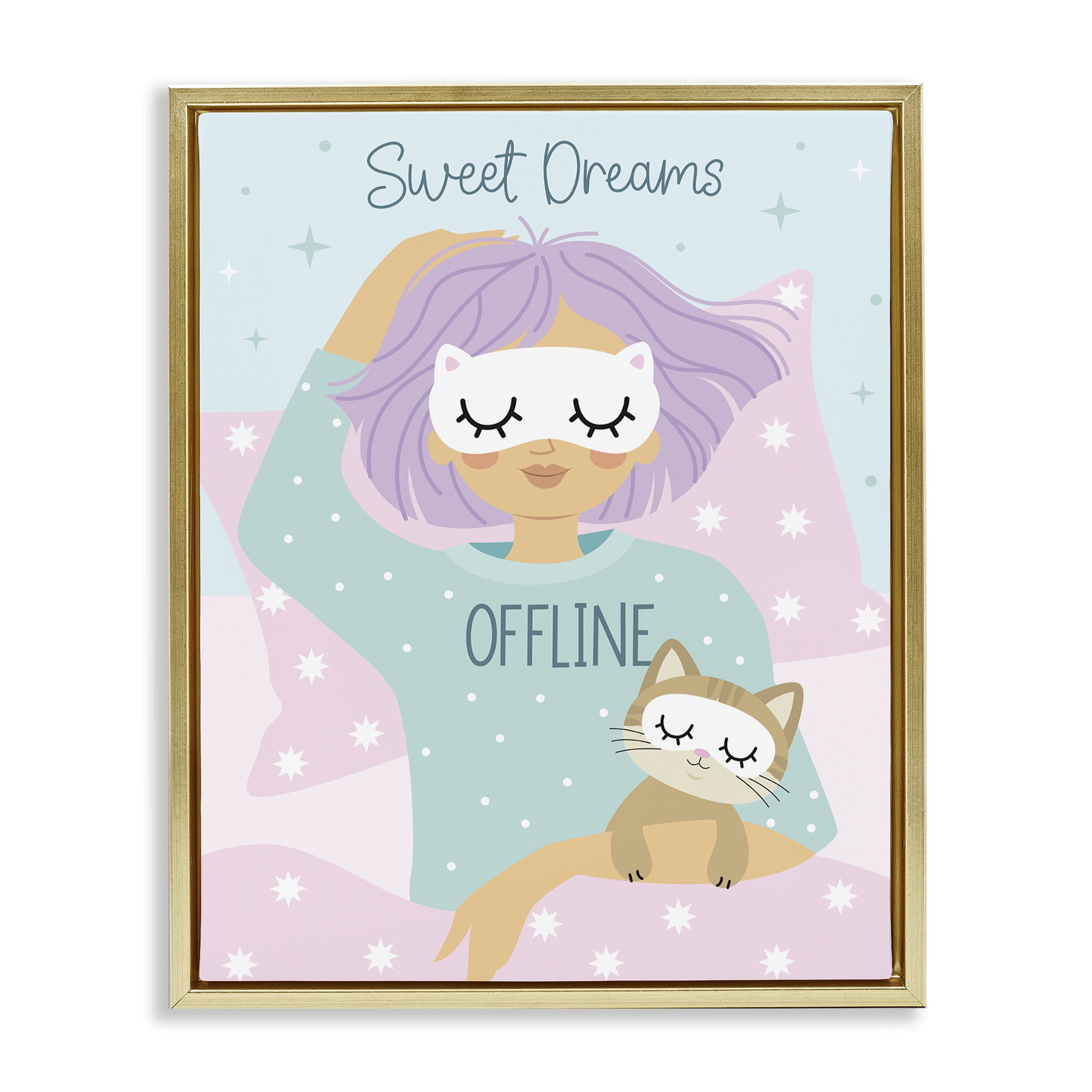Stupell Industries Sweet Dreams Girl & Cat People Painting Gold Floater Framed Canvas Art Print Wall Art, 17 x 21