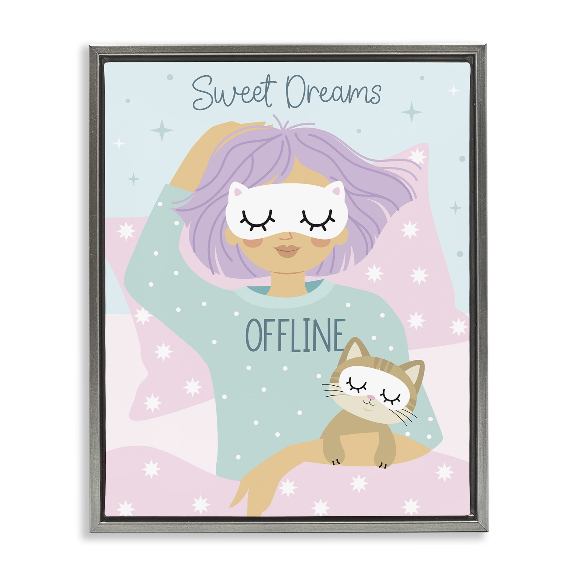 Stupell Industries Sweet Dreams Girl & Cat People Painting Gray Floater Framed Canvas Art Print Wall Art, 25 x 31