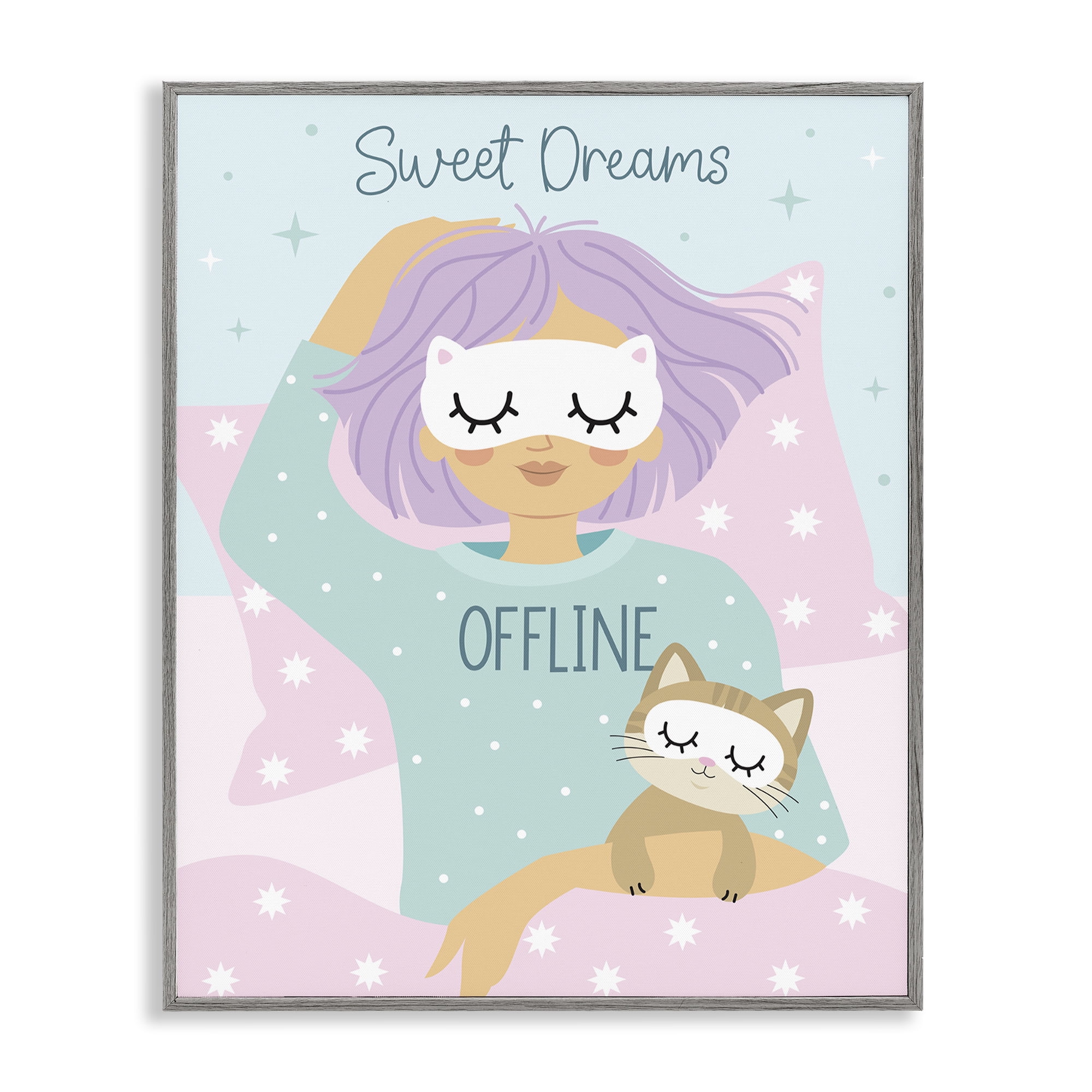 Stupell Industries Sweet Dreams Girl & Cat People Painting Gray Framed Art Print Wall Art, 11 x 14