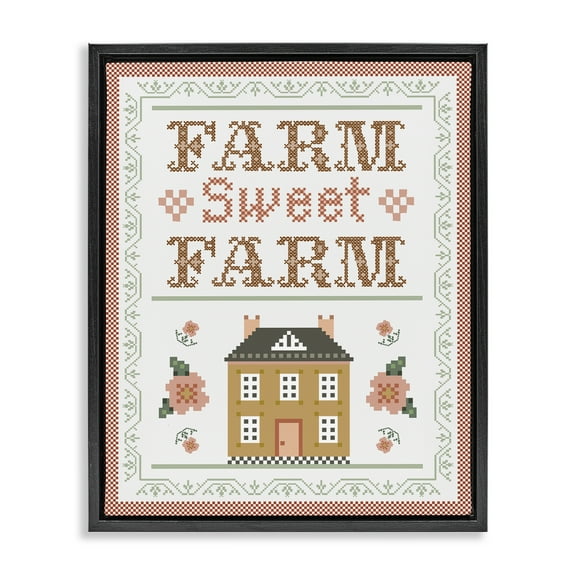 Stupell Industries Sweet Farm Needlepoint Style Text & Numbers Painting Black Floater Framed Canvas Art Print Wall Art, 17 x 21