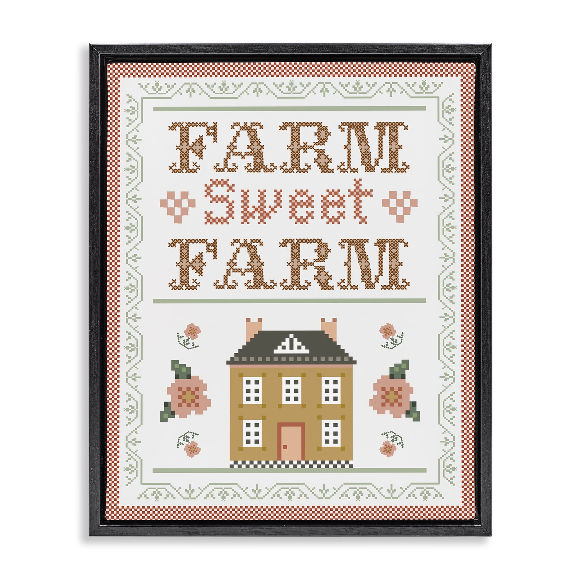 Stupell Industries Sweet Farm Needlepoint Style Text & Numbers Painting Black Floater Framed Canvas Art Print Wall Art, 25 x 31