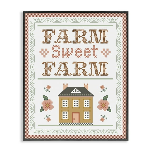 Stupell Industries Sweet Farm Needlepoint Style Text & Numbers Painting Black Framed Art Print Wall Art, 11 x 14