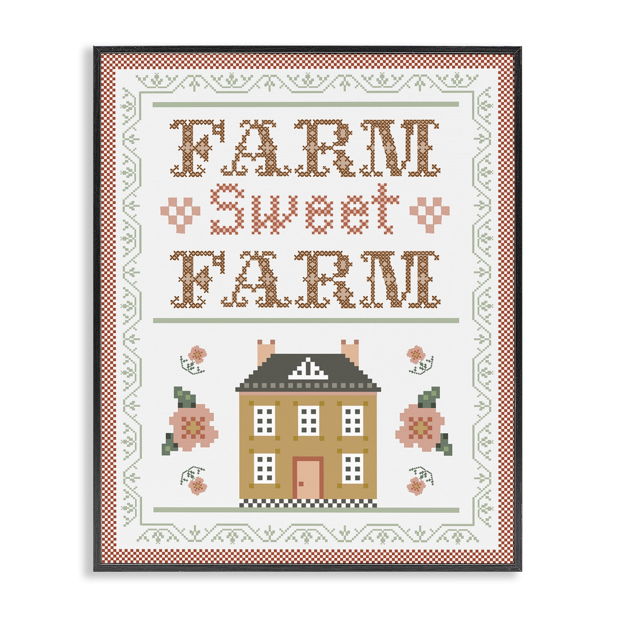 Stupell Industries Sweet Farm Needlepoint Style Text & Numbers Painting Black Framed Art Print Wall Art, 24 x 30