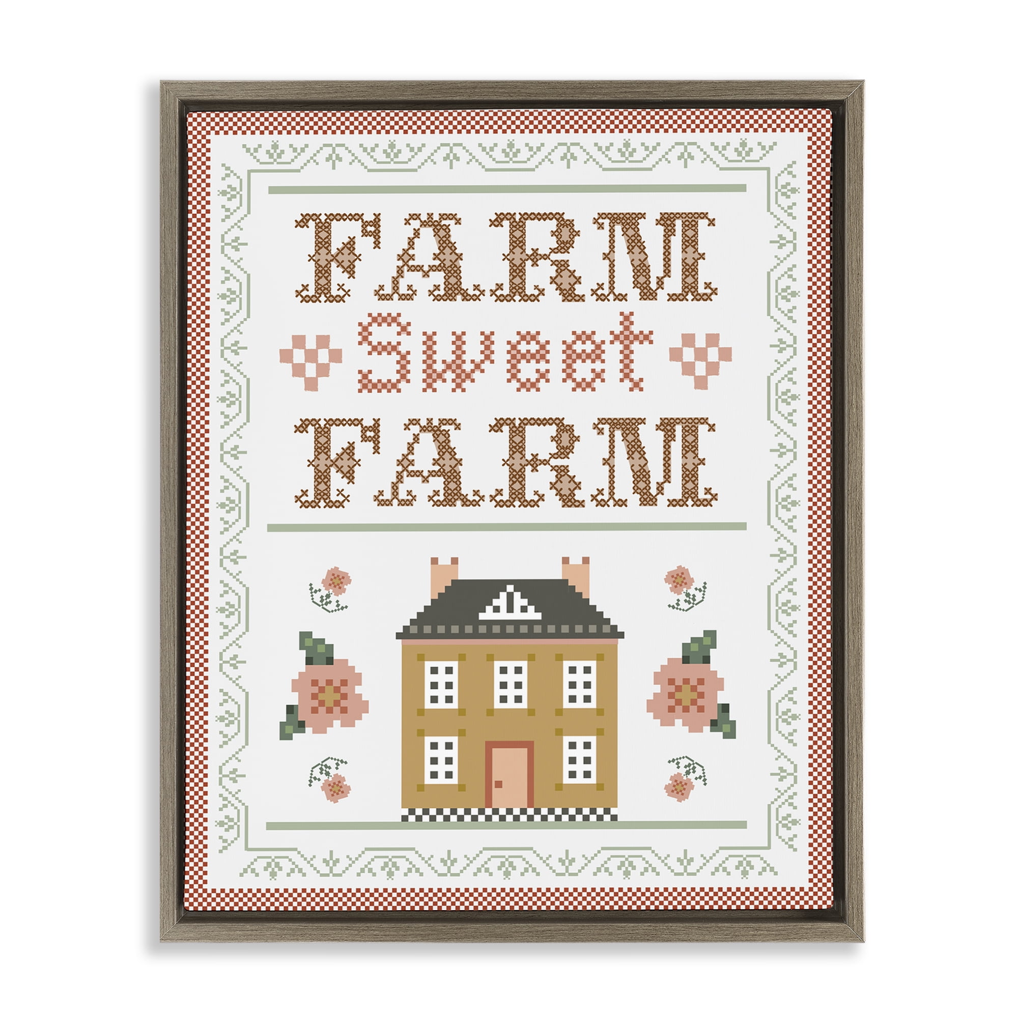Stupell Industries Sweet Farm Needlepoint Style Text & Numbers Painting Brown Floater Framed Canvas Art Print Wall Art, 17 x 21