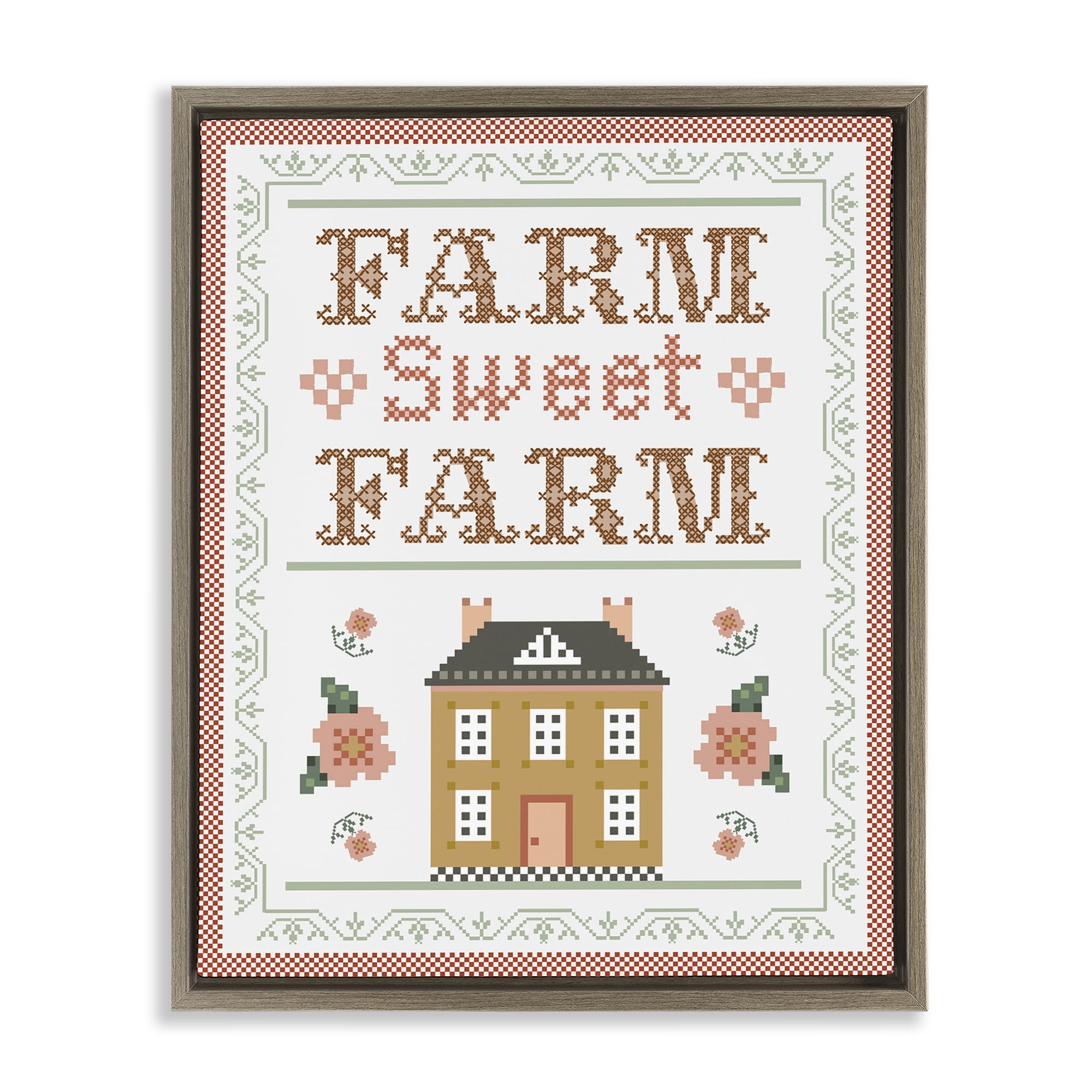 Stupell Industries Sweet Farm Needlepoint Style Text & Numbers Painting Brown Floater Framed Canvas Art Print Wall Art, 25 x 31