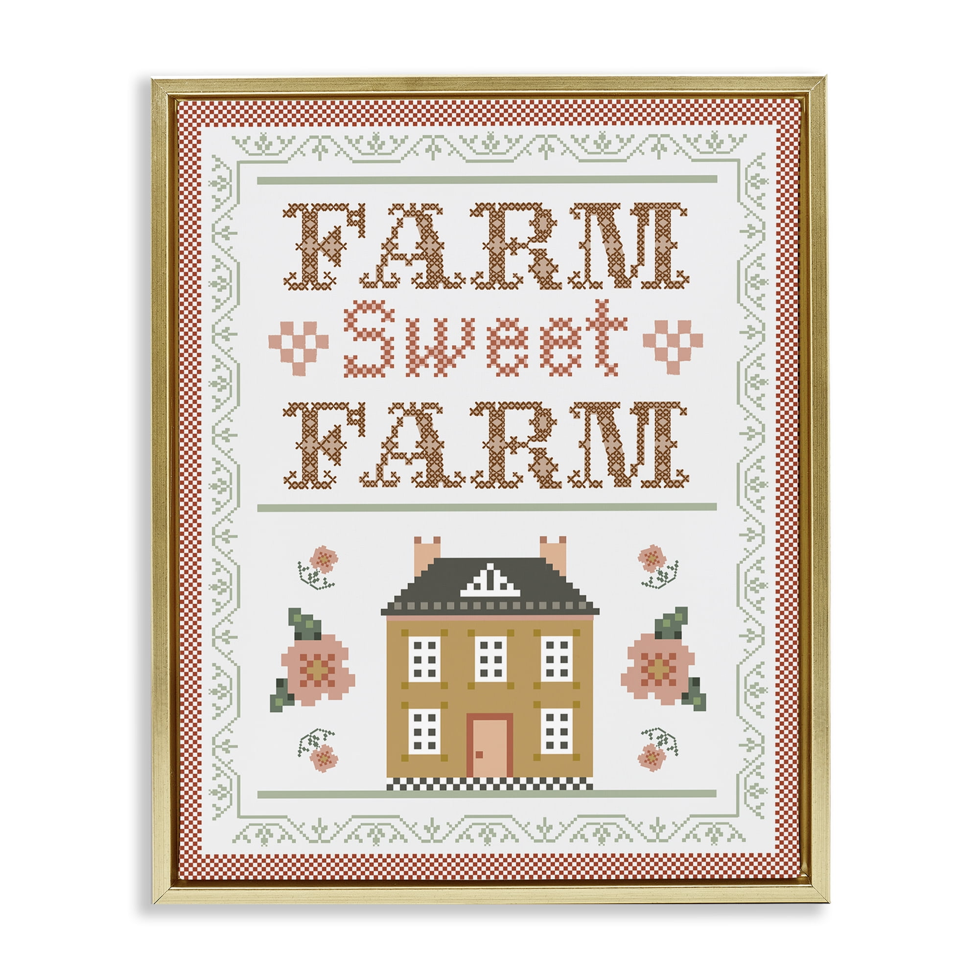 Stupell Industries Sweet Farm Needlepoint Style Text & Numbers Painting Gold Floater Framed Canvas Art Print Wall Art, 17 x 21